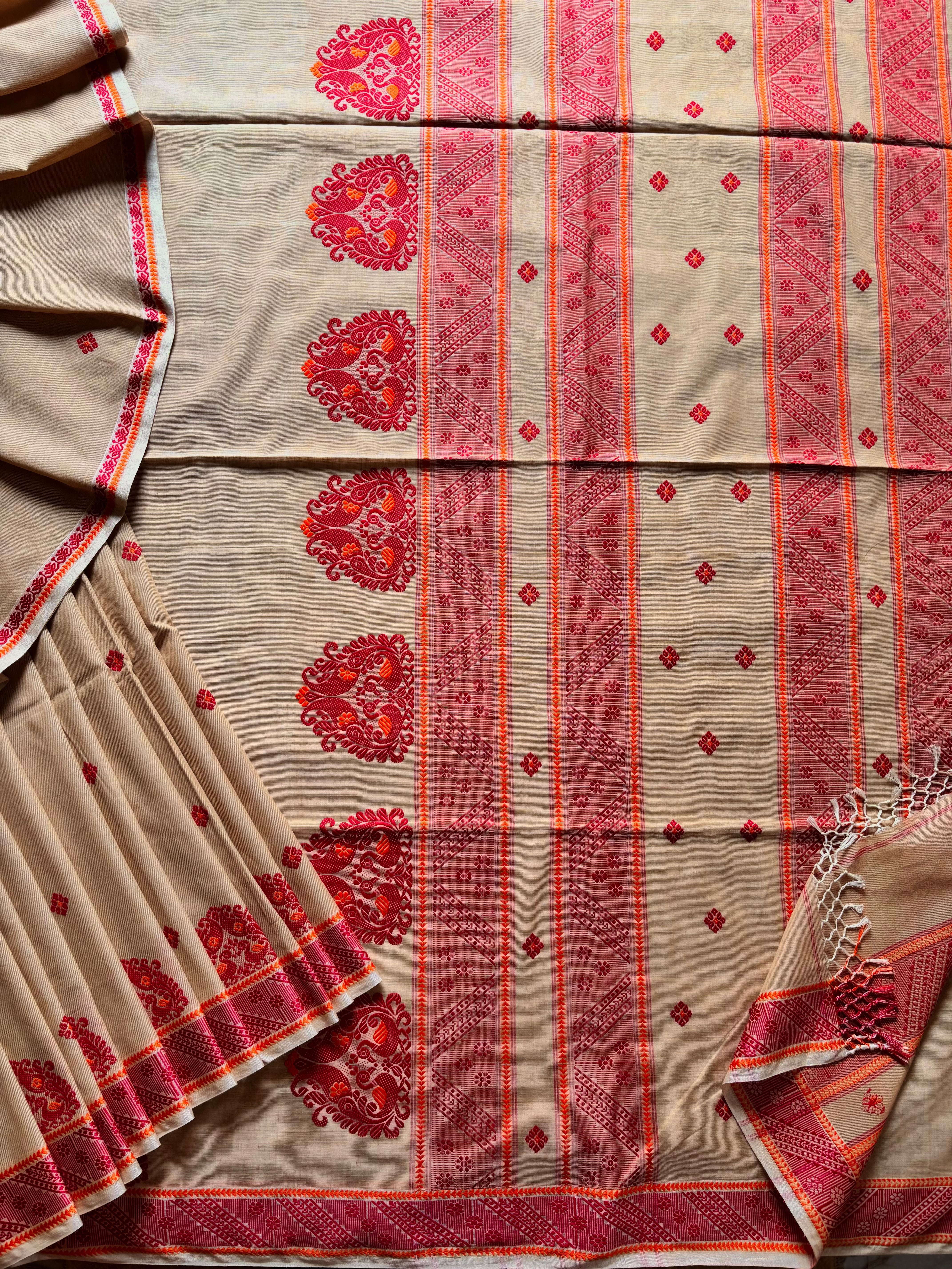 Handwoven Beige and Red Phulia Cotton Saree