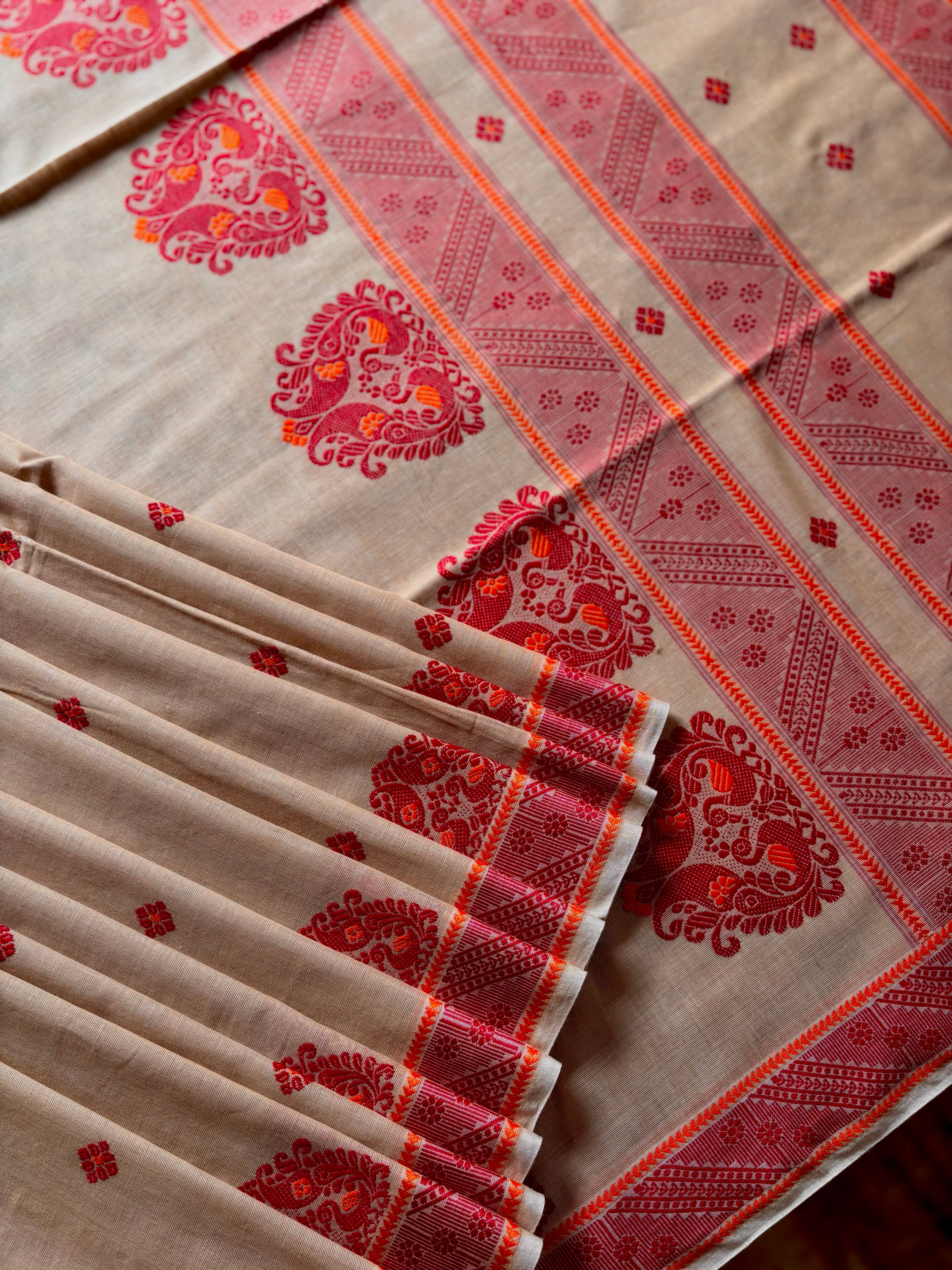 Handwoven Beige and Red Phulia Cotton Saree