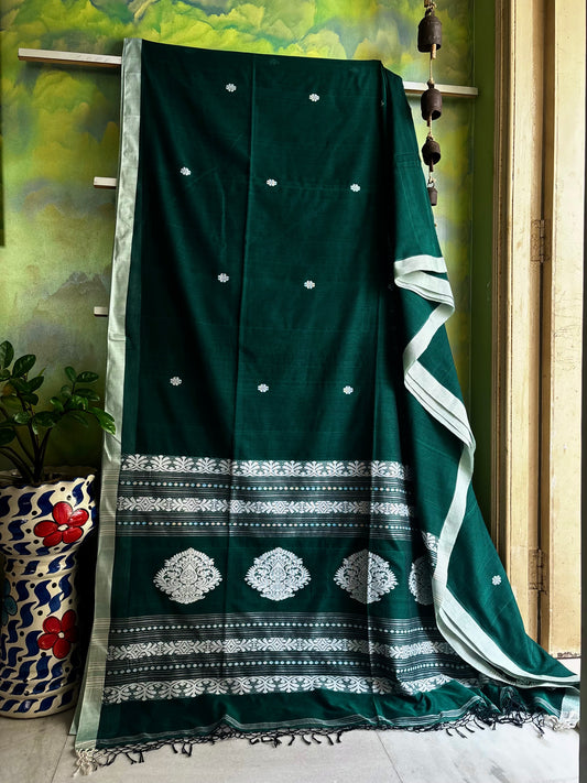 Handwoven Dark Bottle Green Colour Cotton Jamdani Saree