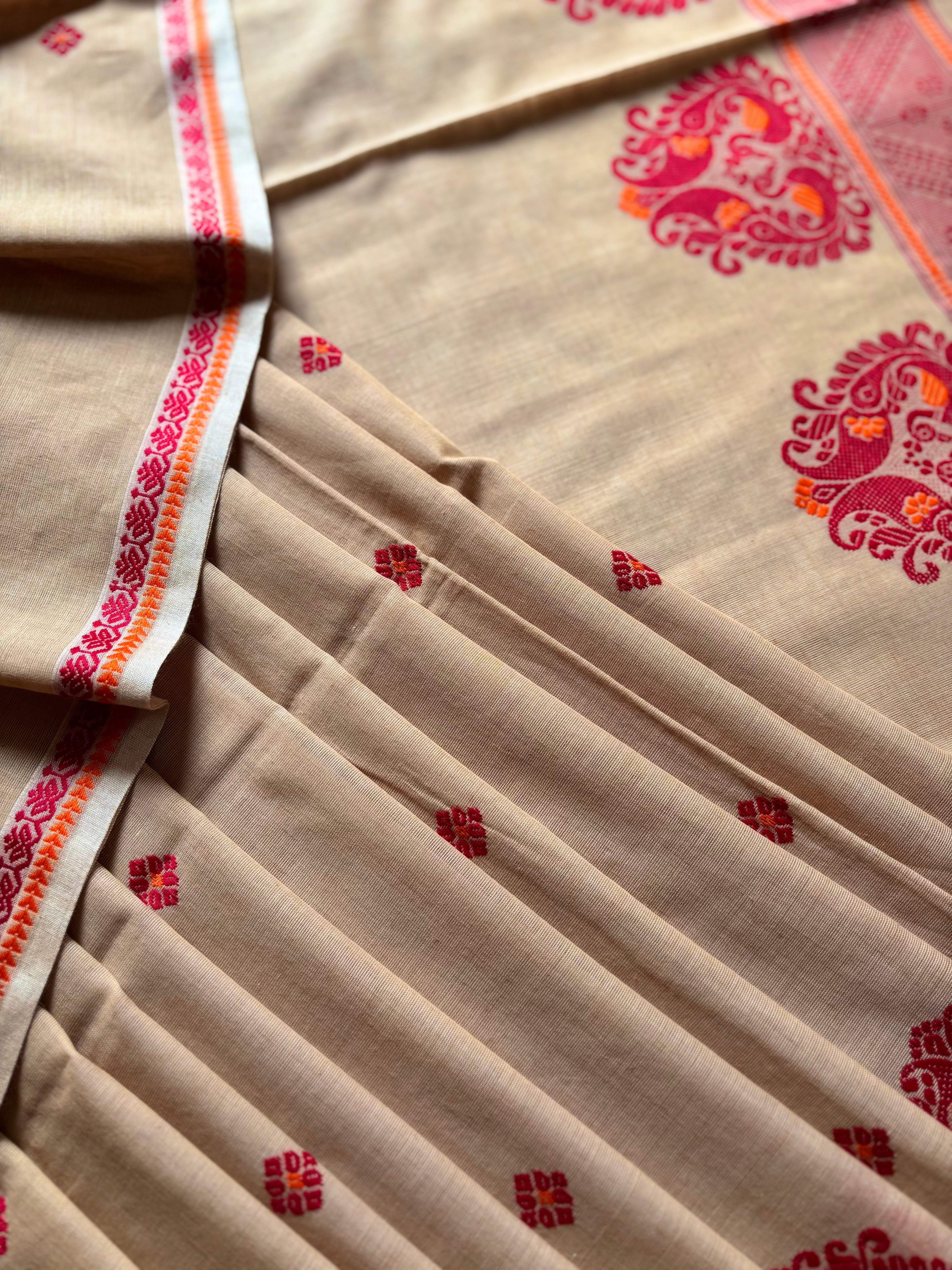 Handwoven Beige and Red Phulia Cotton Saree