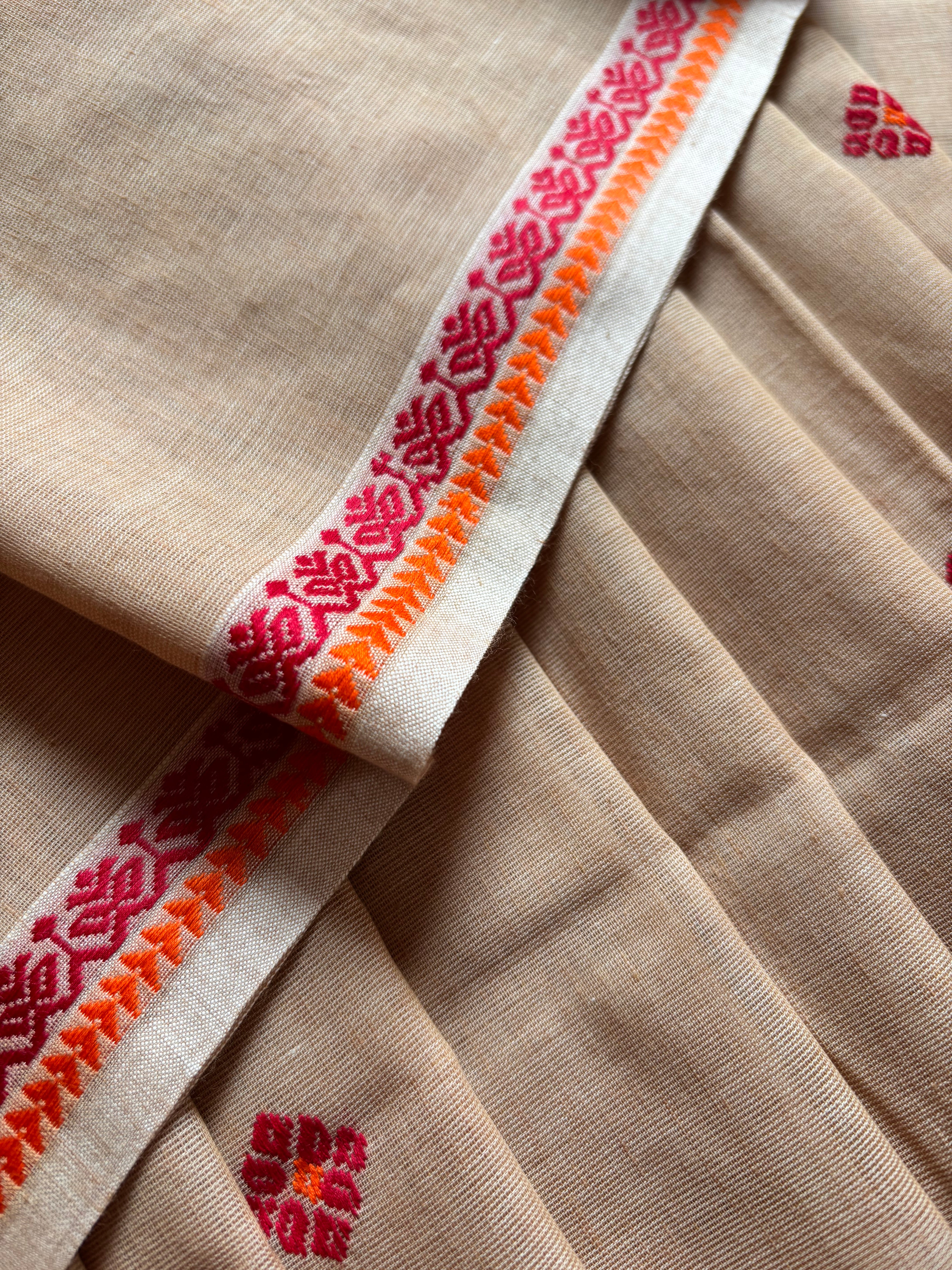 Handwoven Beige and Red Phulia Cotton Saree