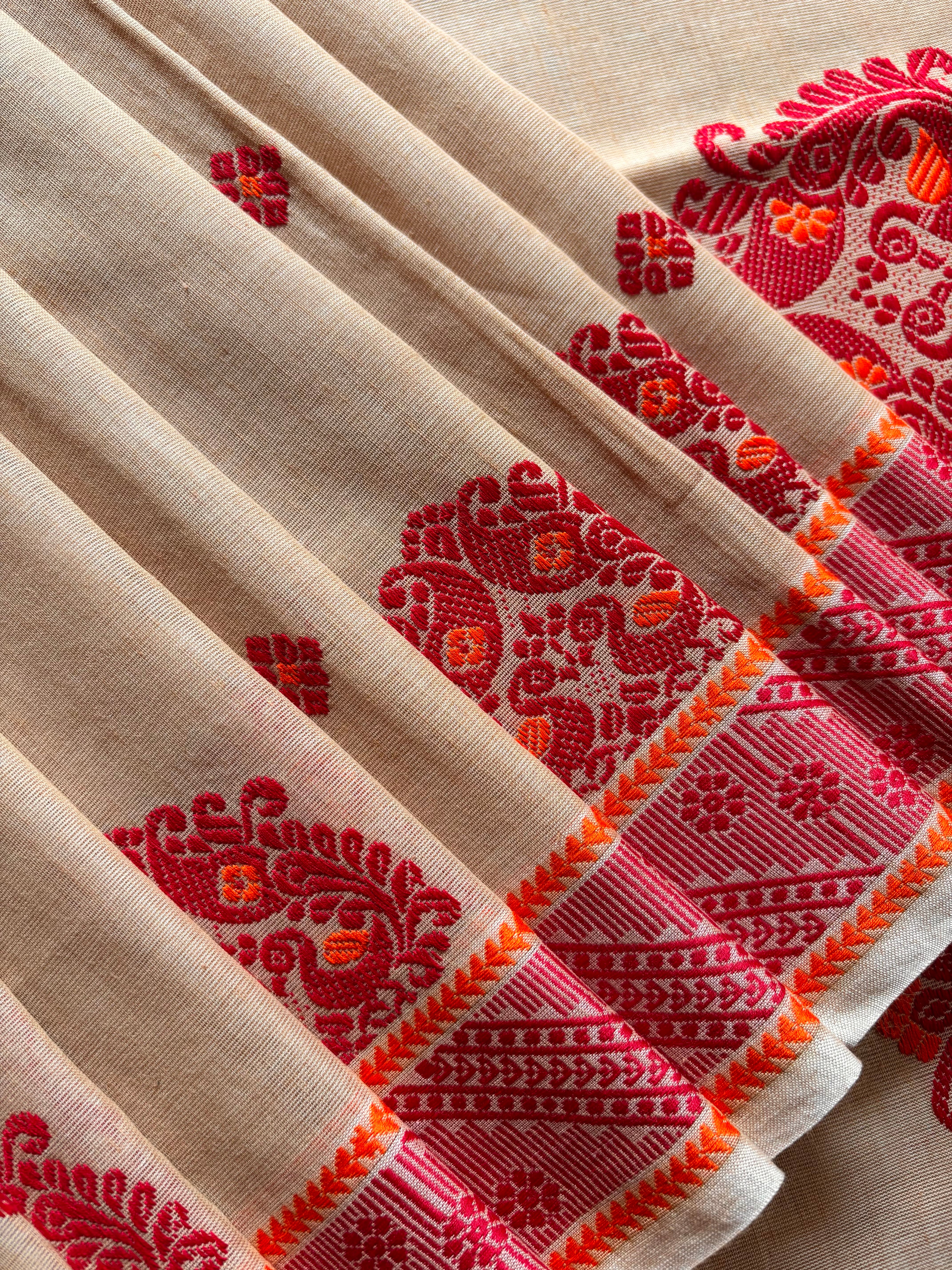 Handwoven Beige and Red Phulia Cotton Saree