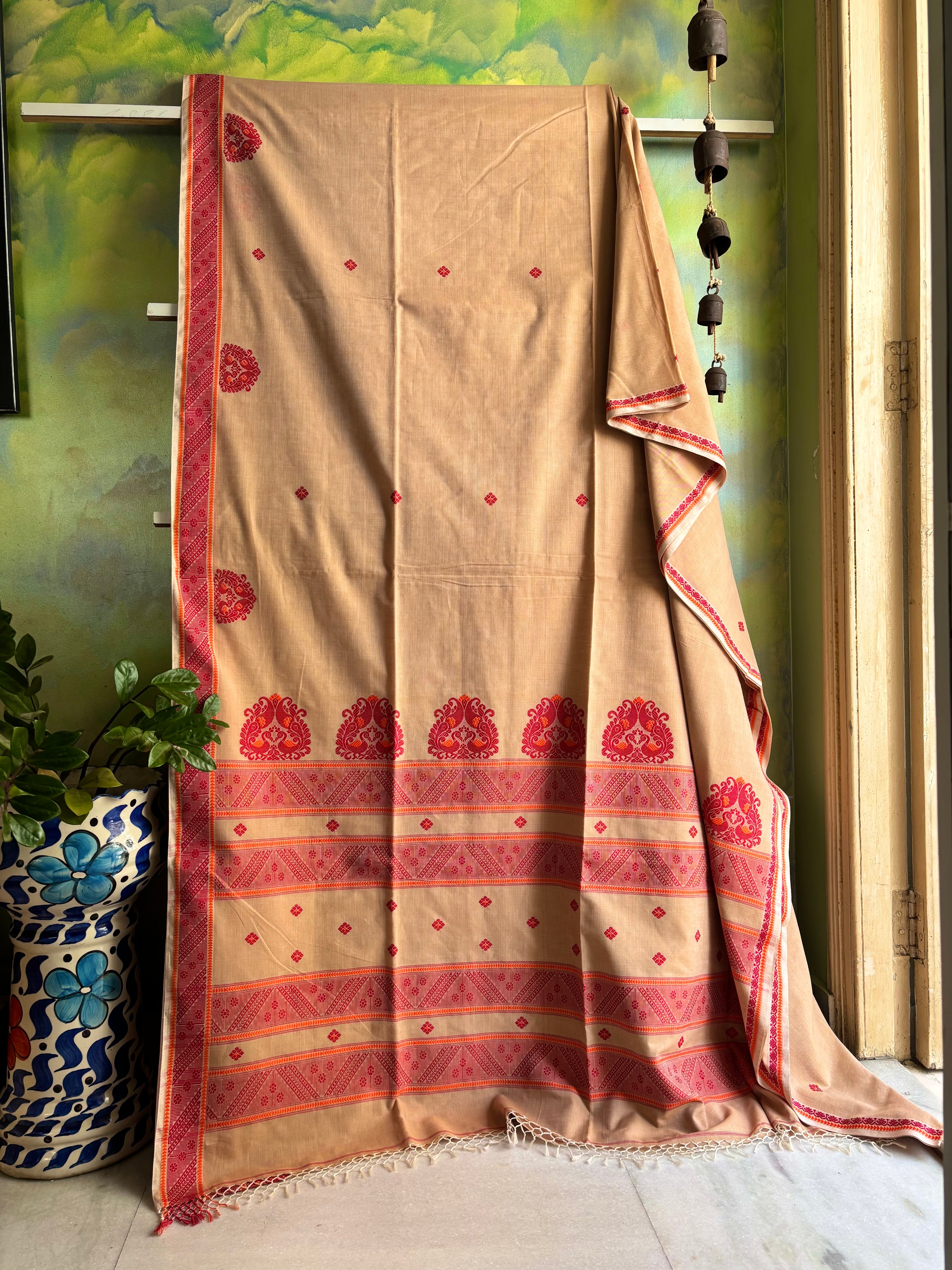 Handwoven Beige and Red Phulia Cotton Saree