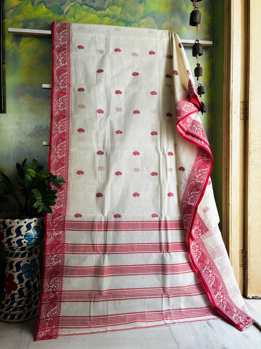 Handwoven White Red Phulia Tangail Saree