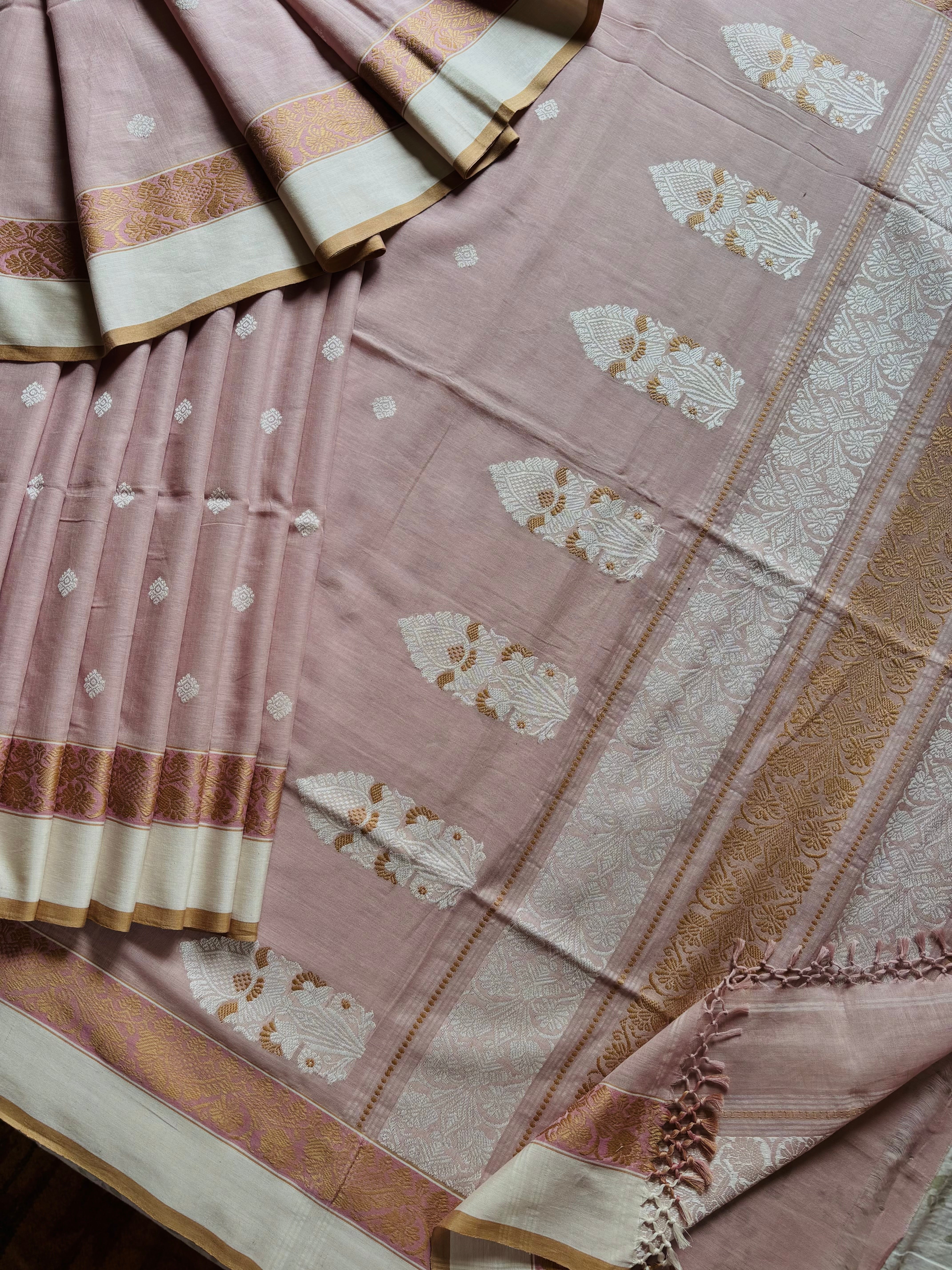 Handwoven Dusty Pink Phulia Cotton Saree