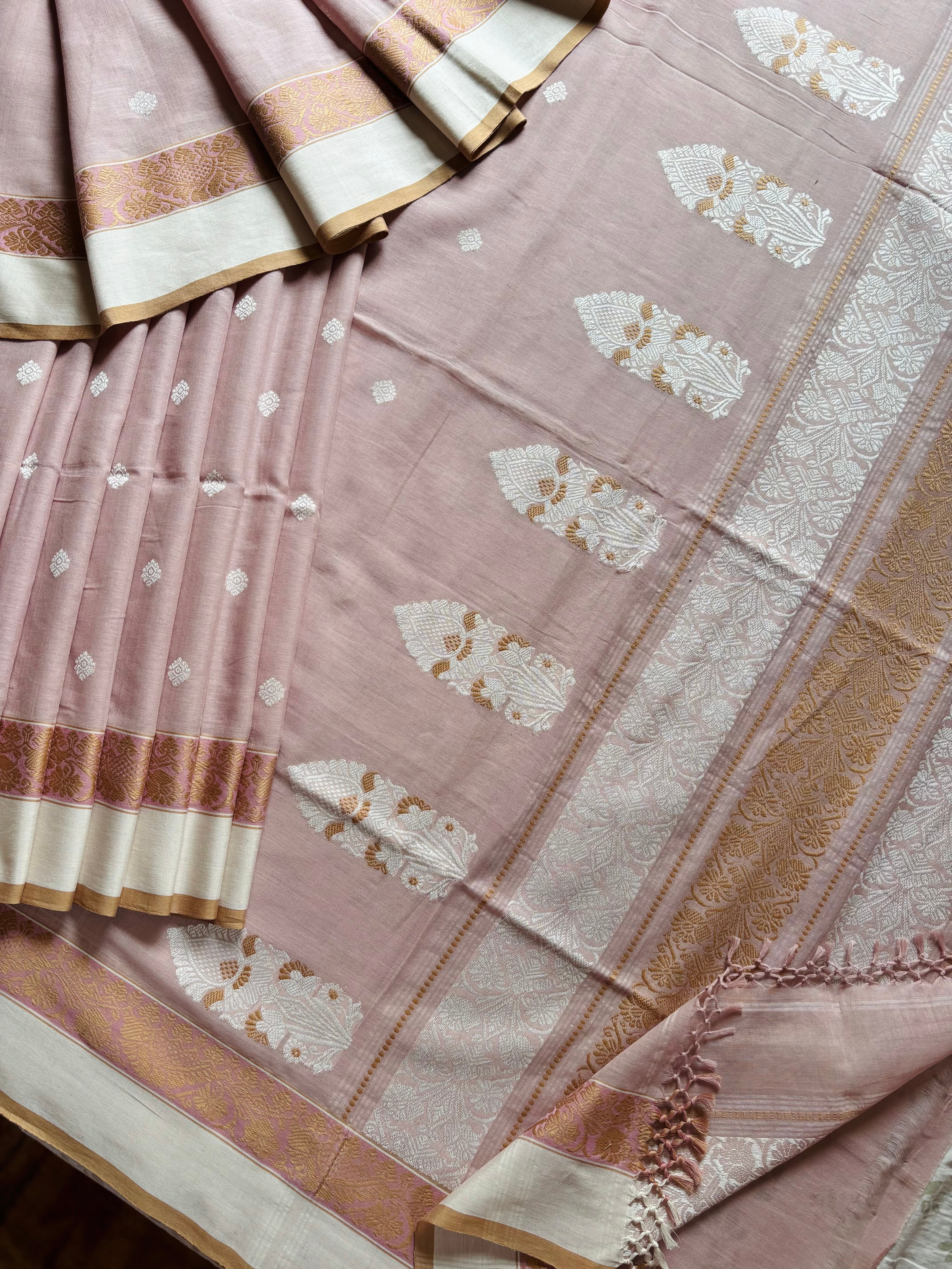 Handwoven Dusty Pink Phulia Cotton Saree