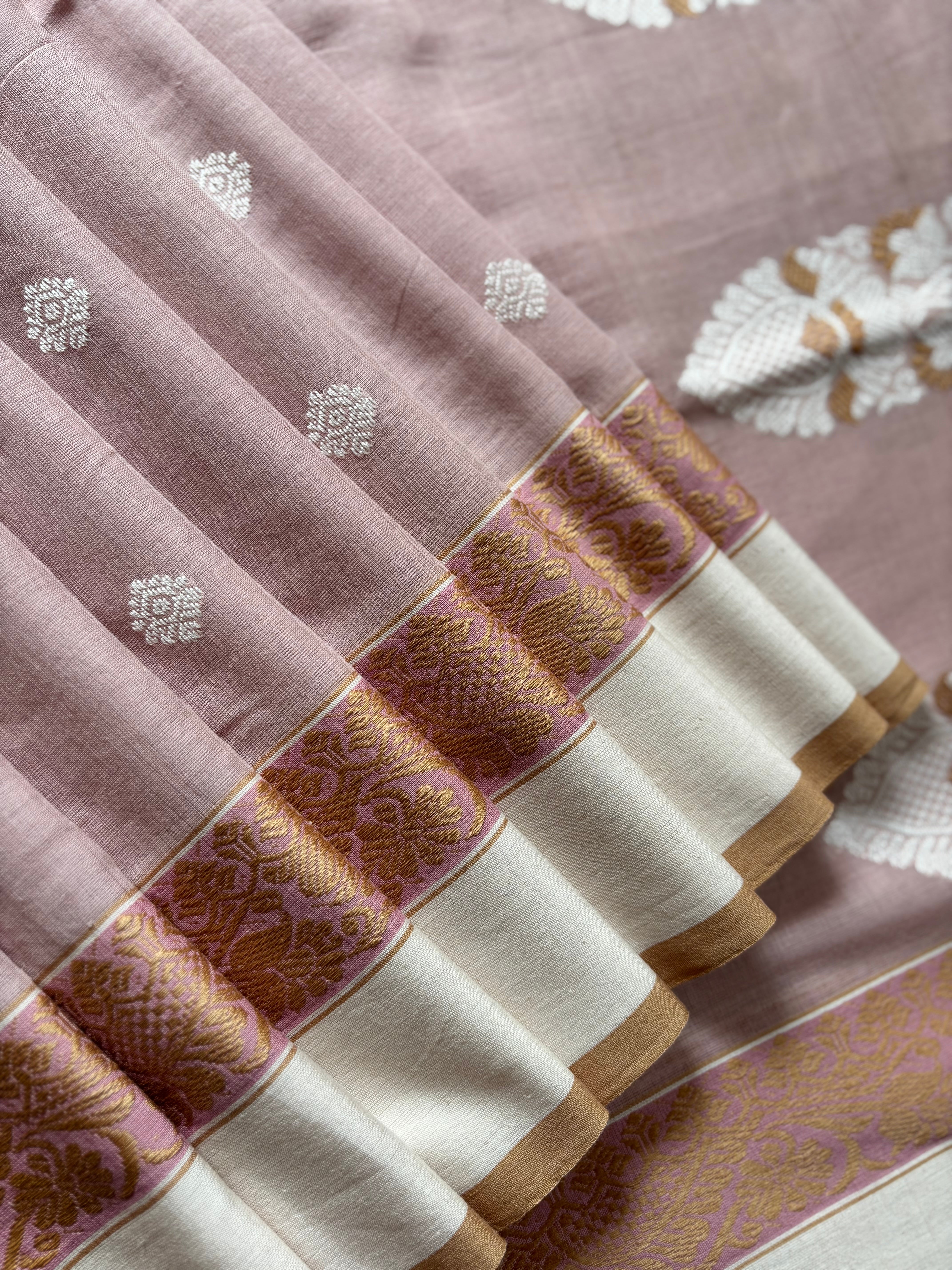 Handwoven Dusty Pink Phulia Cotton Saree