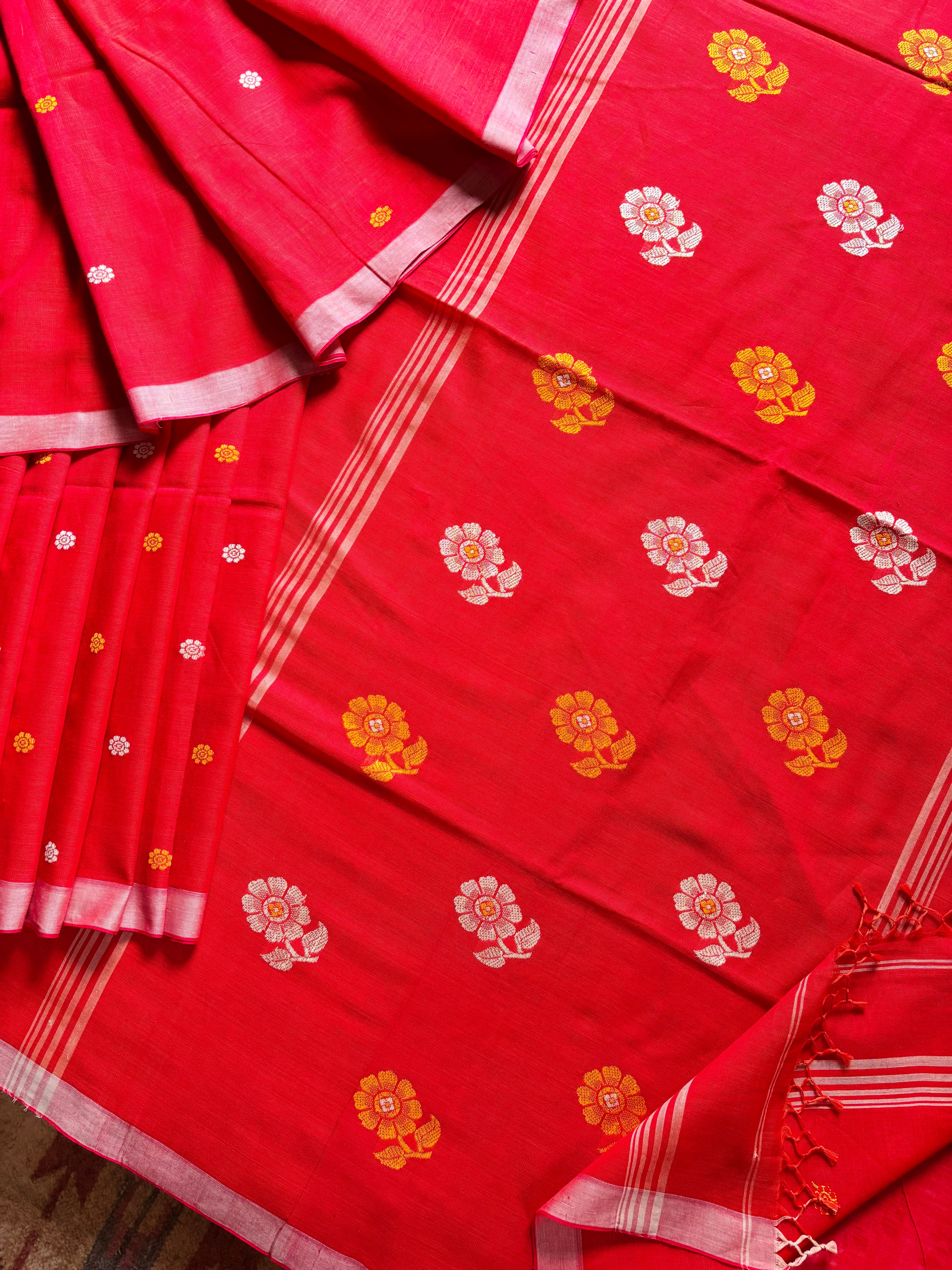 Handwoven Reddish Orange Cotton Jamdani
