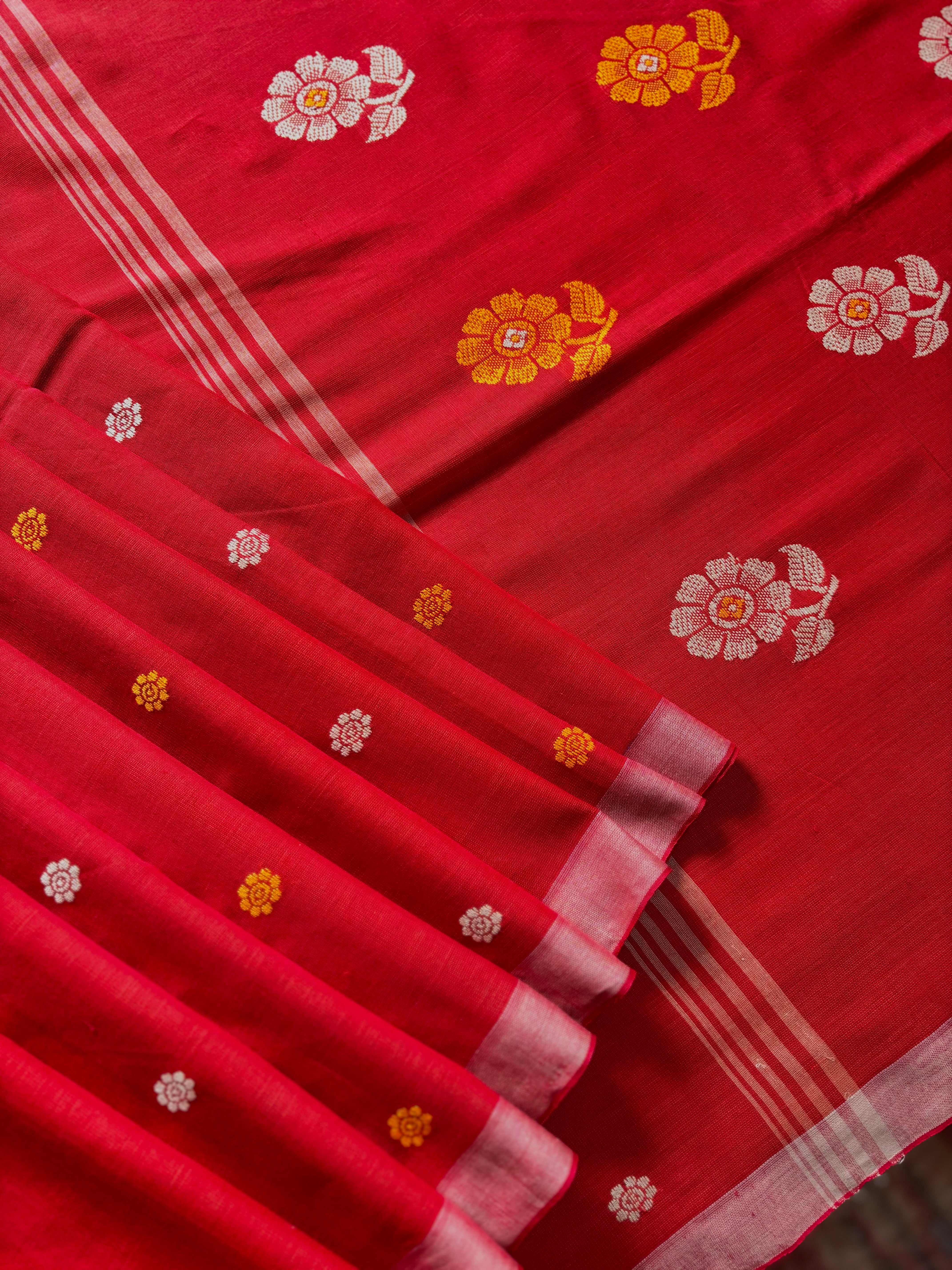 Handwoven Reddish Orange Cotton Jamdani