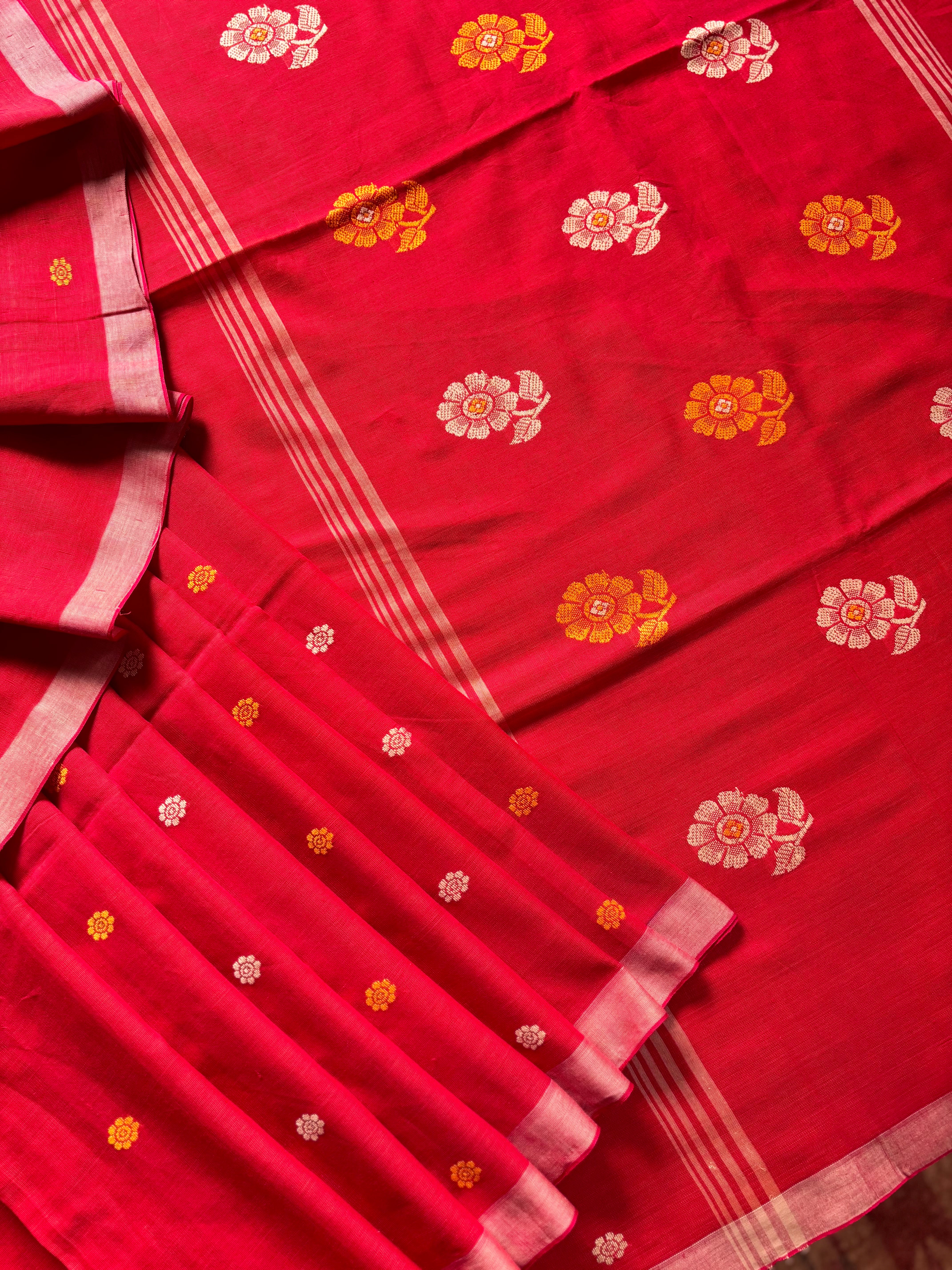 Handwoven Reddish Orange Cotton Jamdani