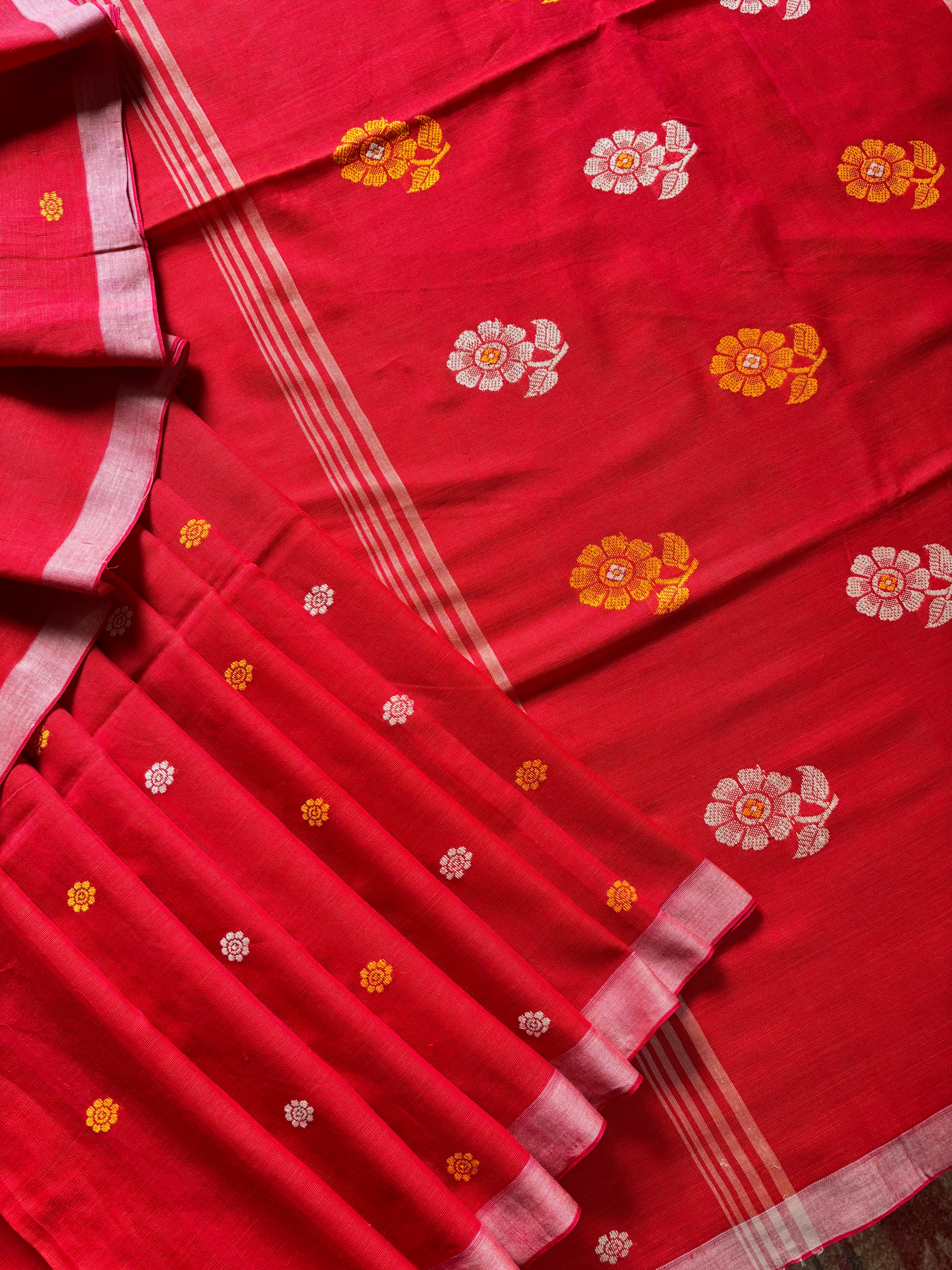 Handwoven Reddish Orange Cotton Jamdani