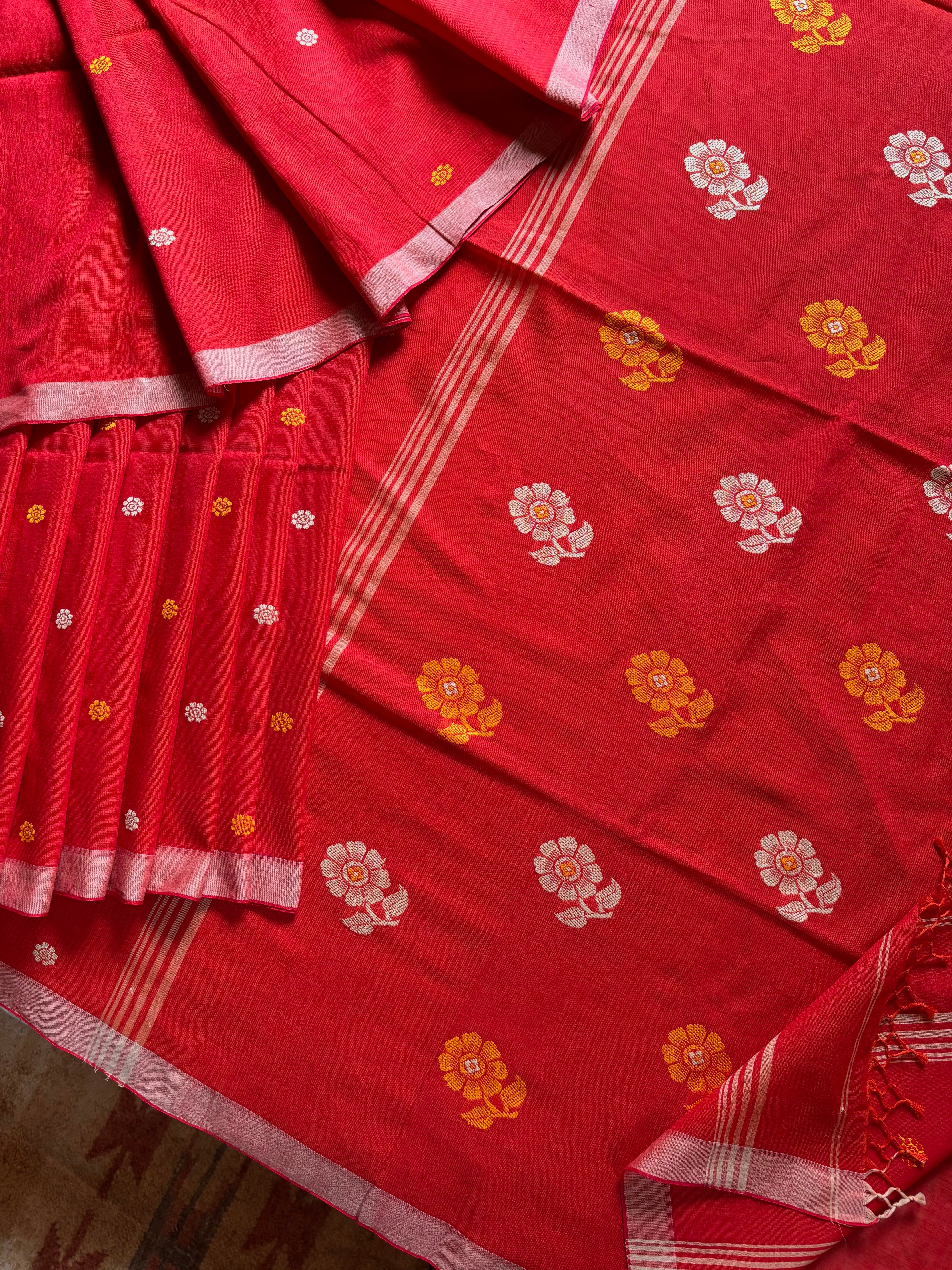 Handwoven Reddish Orange Cotton Jamdani