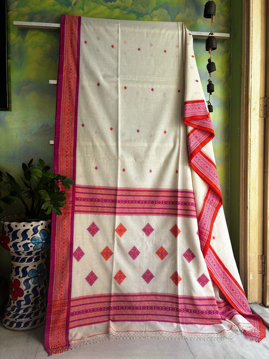 Handwoven Offwhite Pink Orange Phulia Cotton Saree