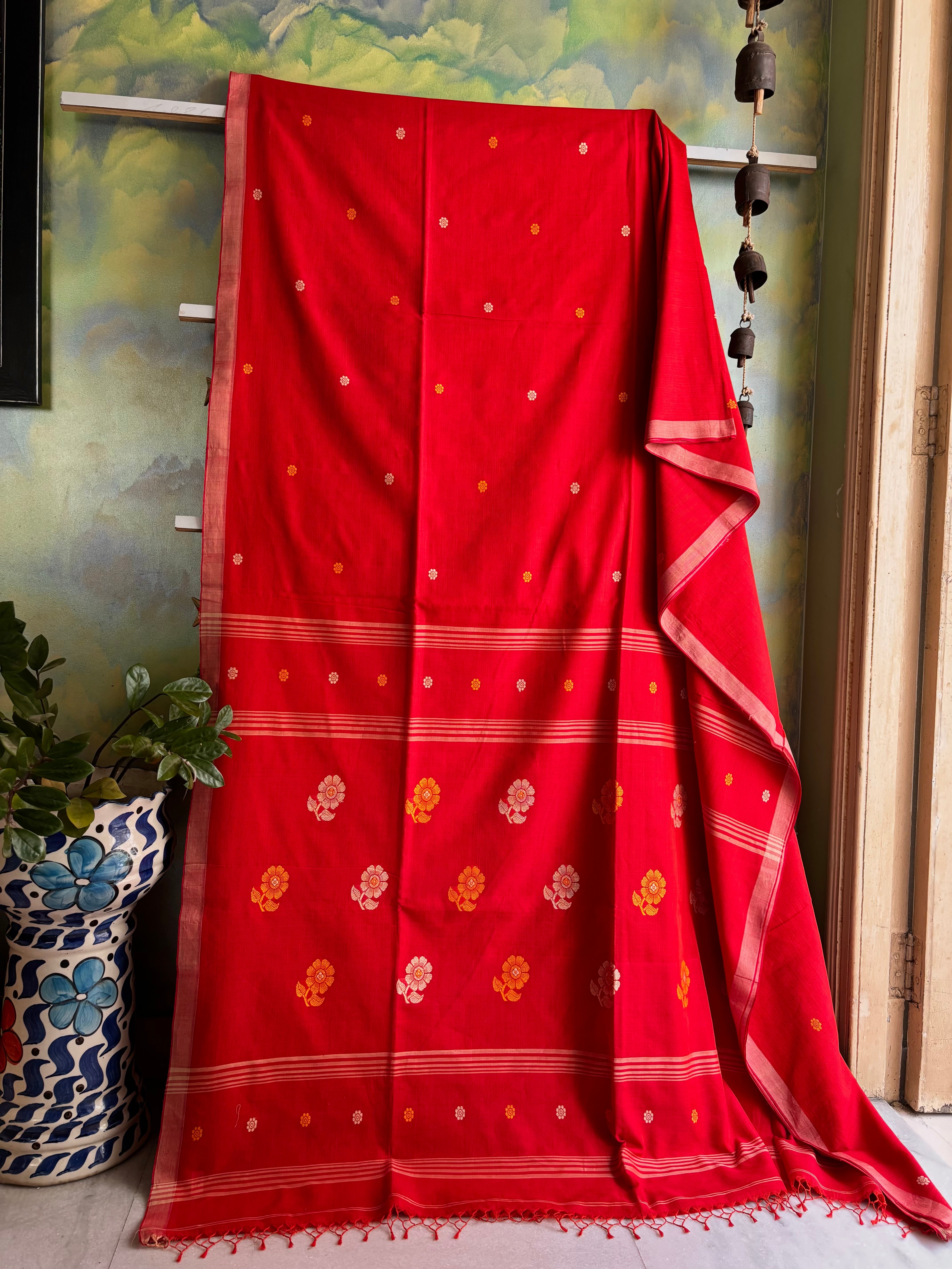 Handwoven Reddish Orange Cotton Jamdani