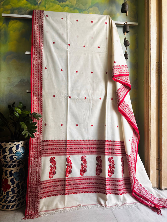 Handwoven Offwhite Red Phulia Cotton Saree