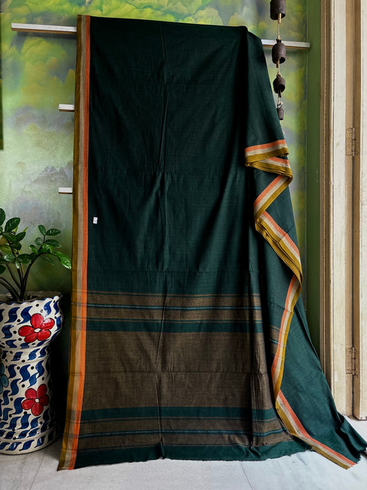 Handwoven Bottle Green Colour Dhonekhali Cotton Saree