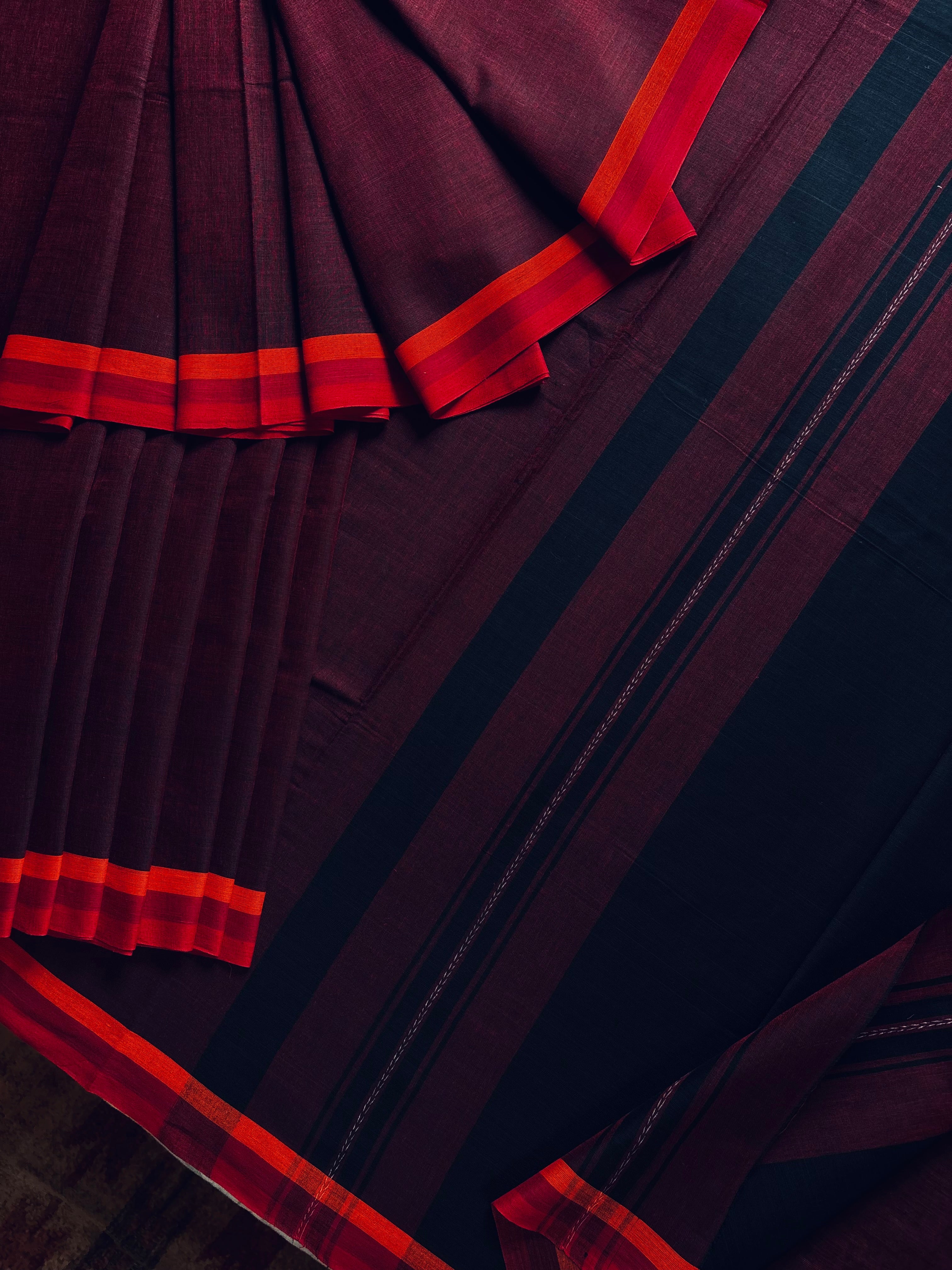 Handwoven Maroonish Wine Colour Dhonekhali Cotton Saree