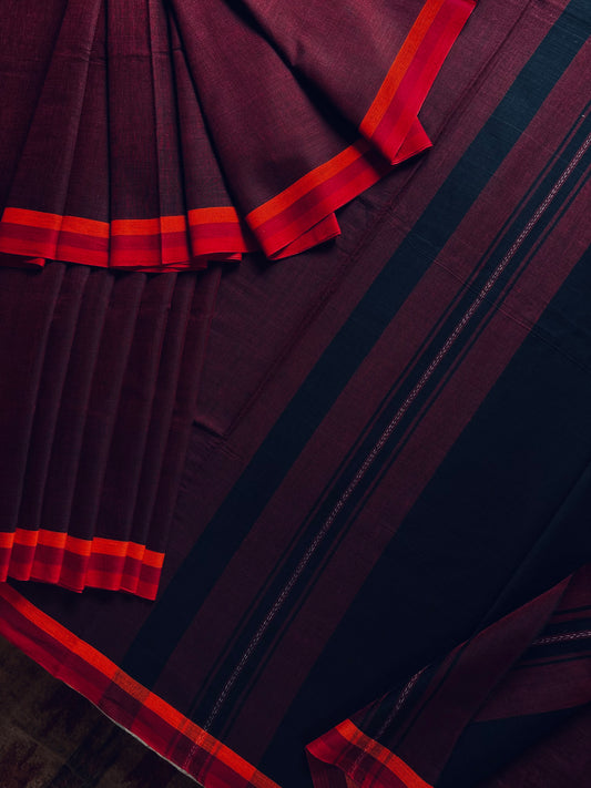 Handwoven Maroonish Wine Colour Dhonekhali Cotton Saree
