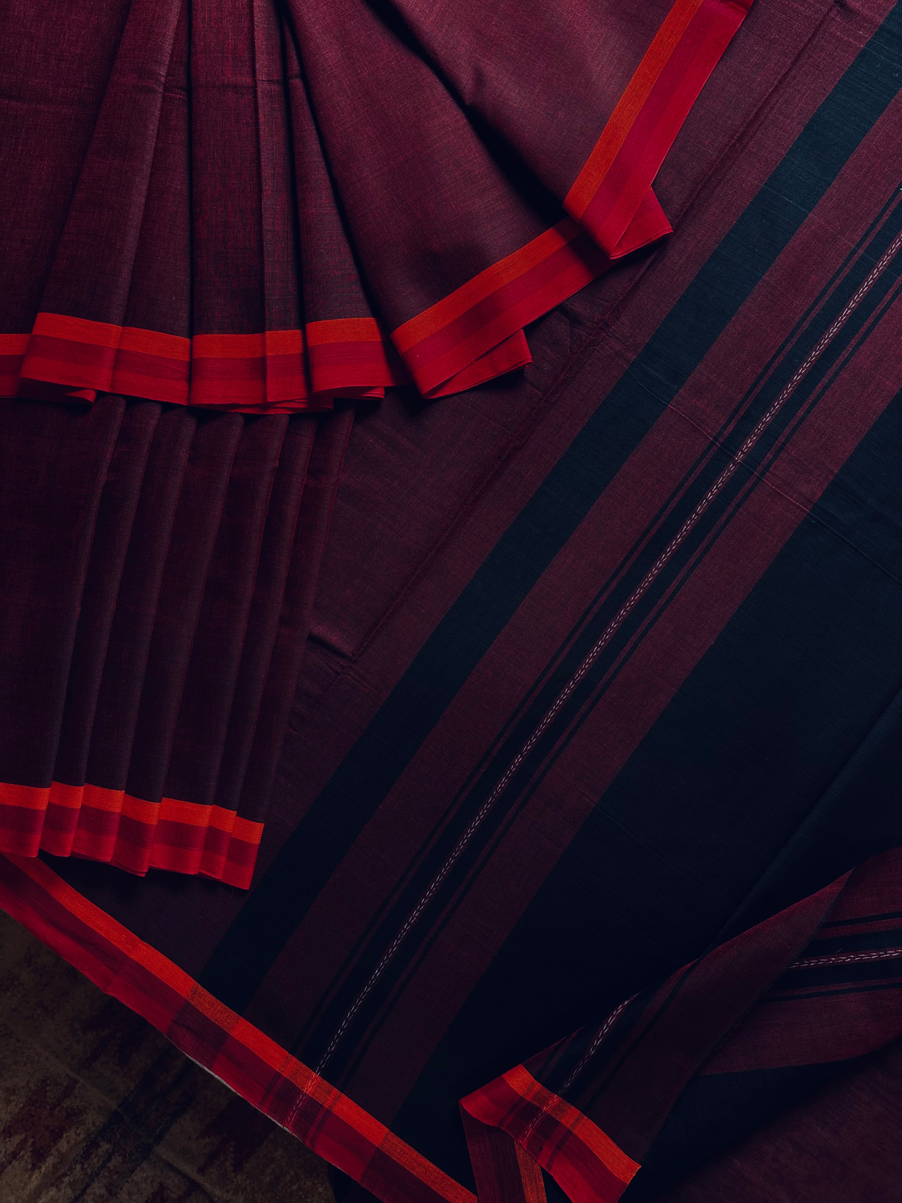 Handwoven Maroonish Wine Colour Dhonekhali Cotton Saree