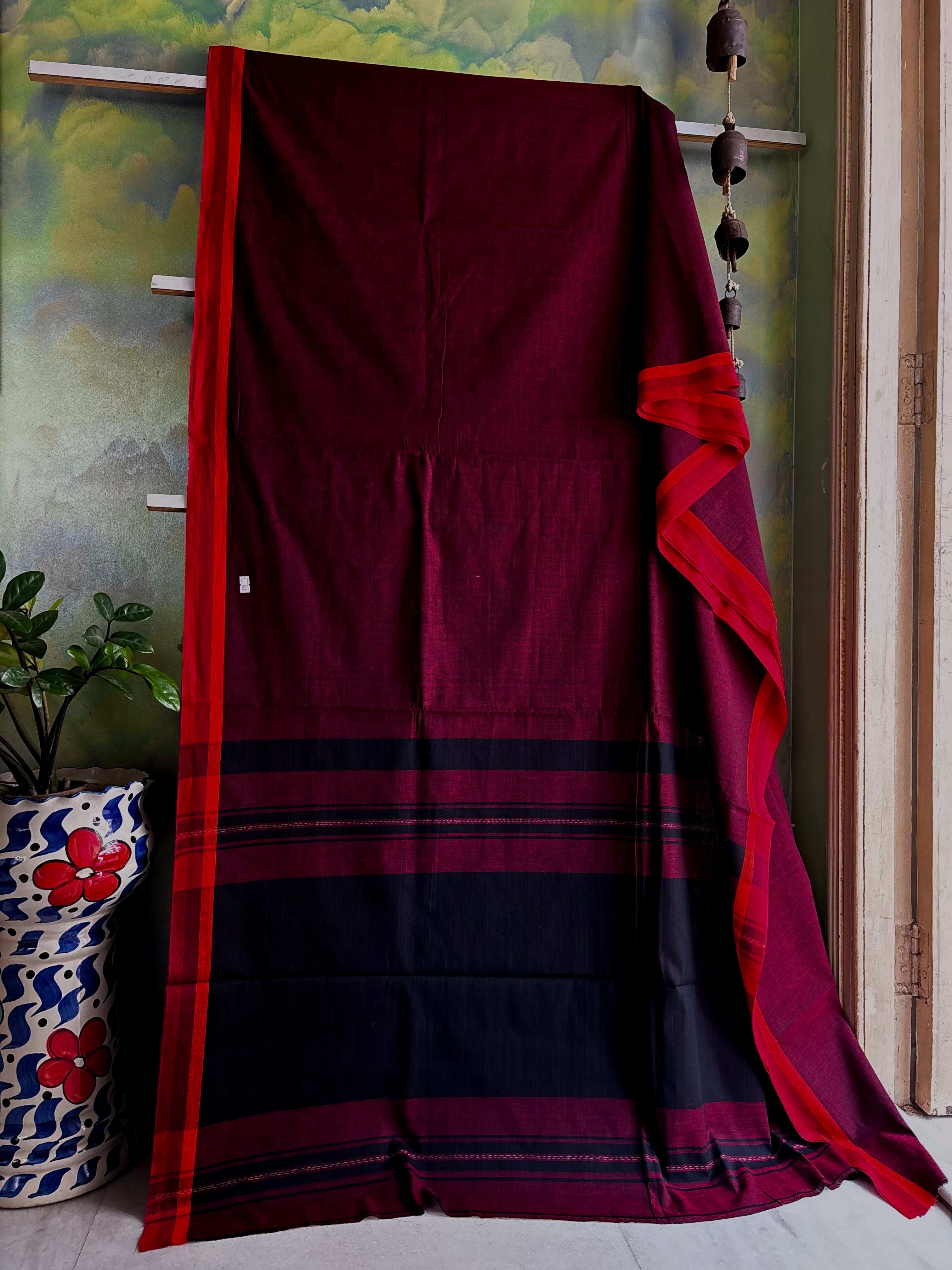 Handwoven Maroonish Wine Colour Dhonekhali Cotton Saree
