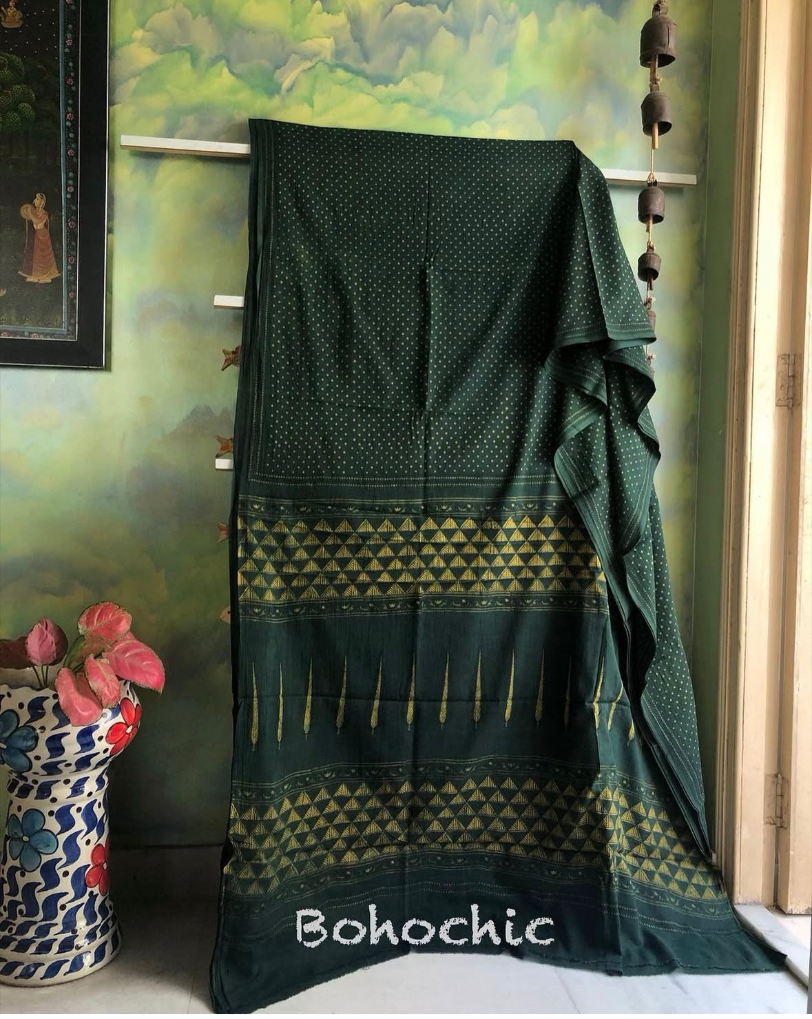 Bagh Handblock Printed Green Colour Pure Cotton Saree