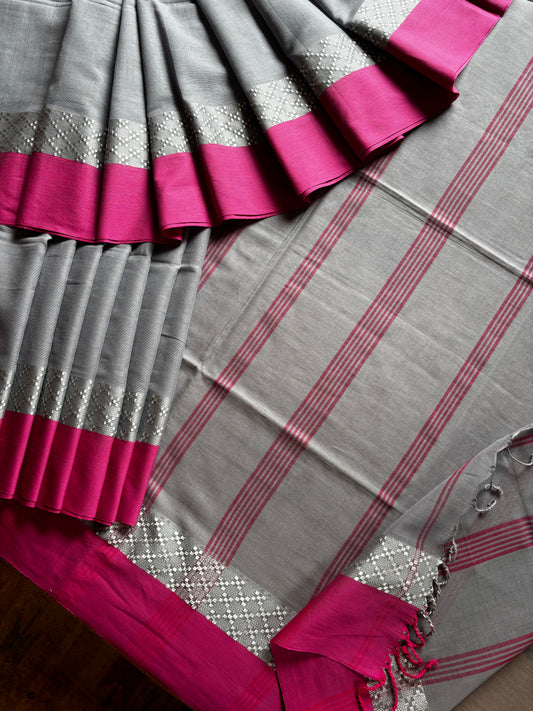 Handwoven Grey Pink Phulia Cotton Saree