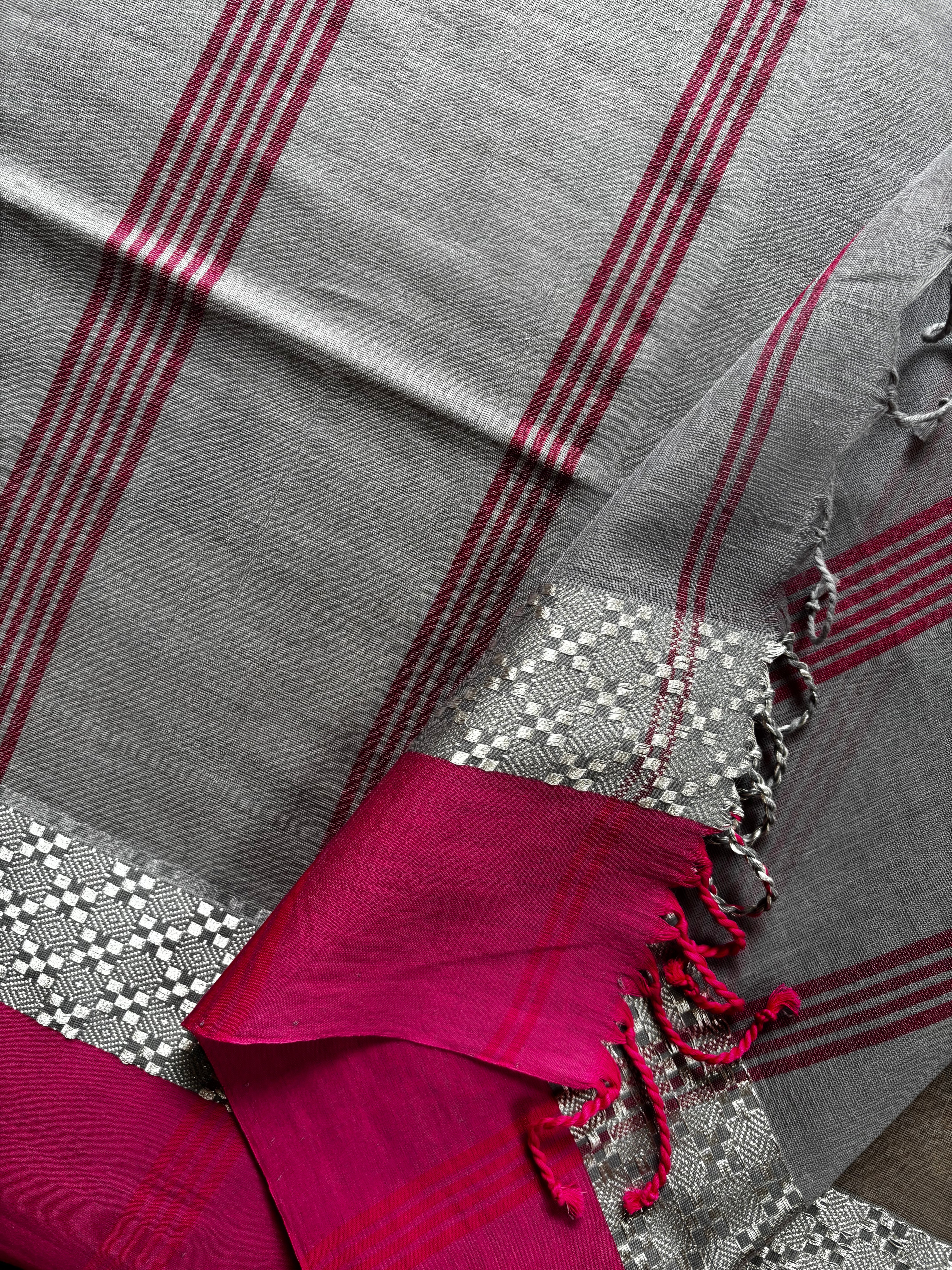Handwoven Grey Pink Phulia Cotton Saree