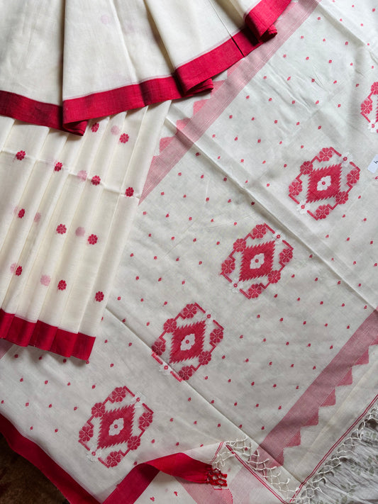 Handwoven White Red Cotton Jamdani Saree