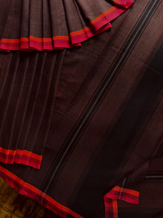 Handwoven Dark Brown Colour Dhonekhali Cotton Saree
