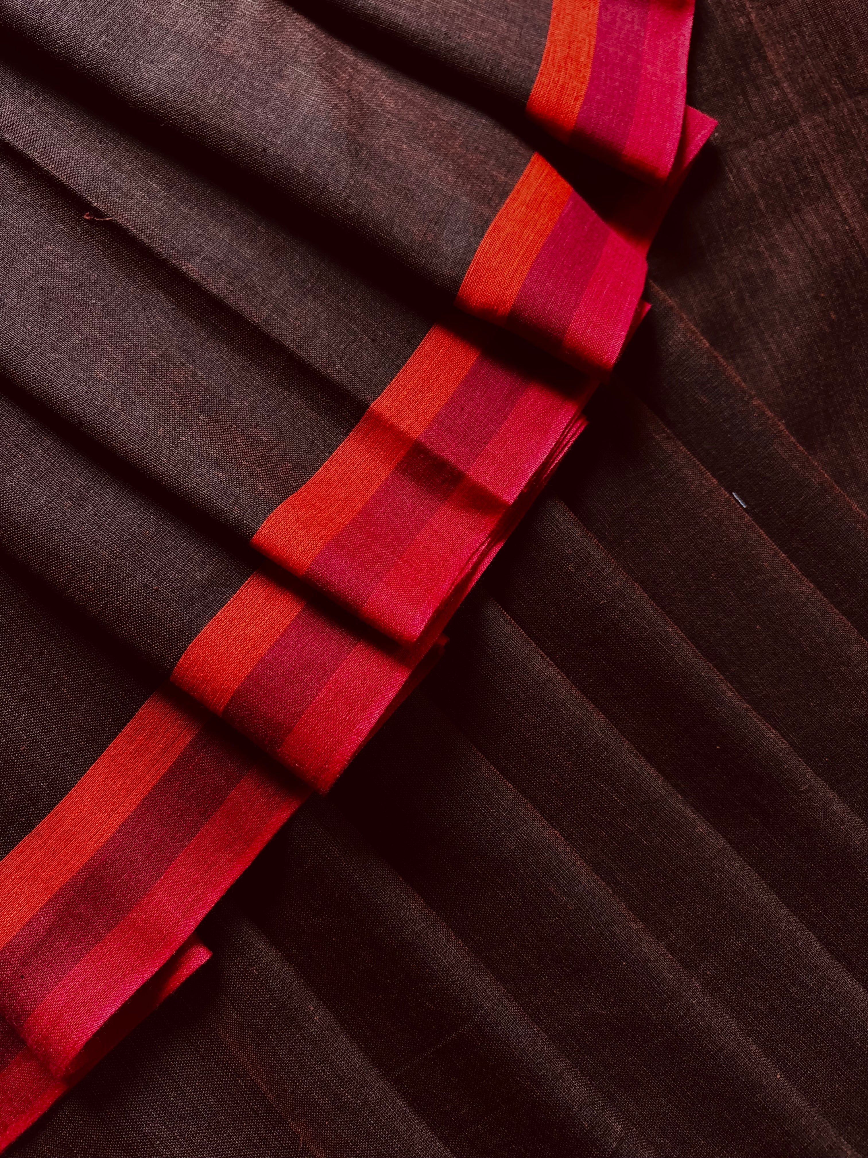 Handwoven Dark Brown Colour Dhonekhali Cotton Saree