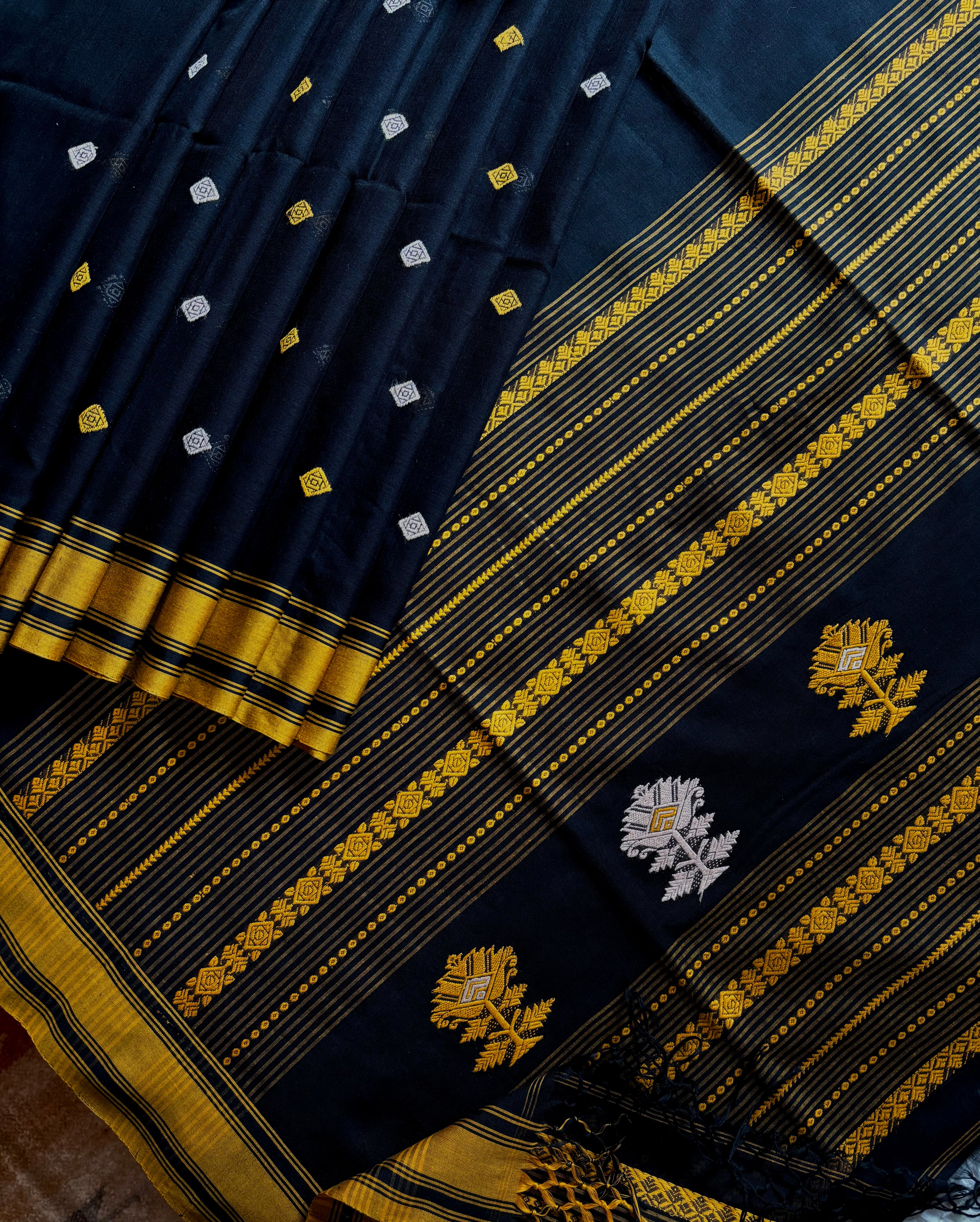 Handwoven Black Yellow Phulia Cotton Saree