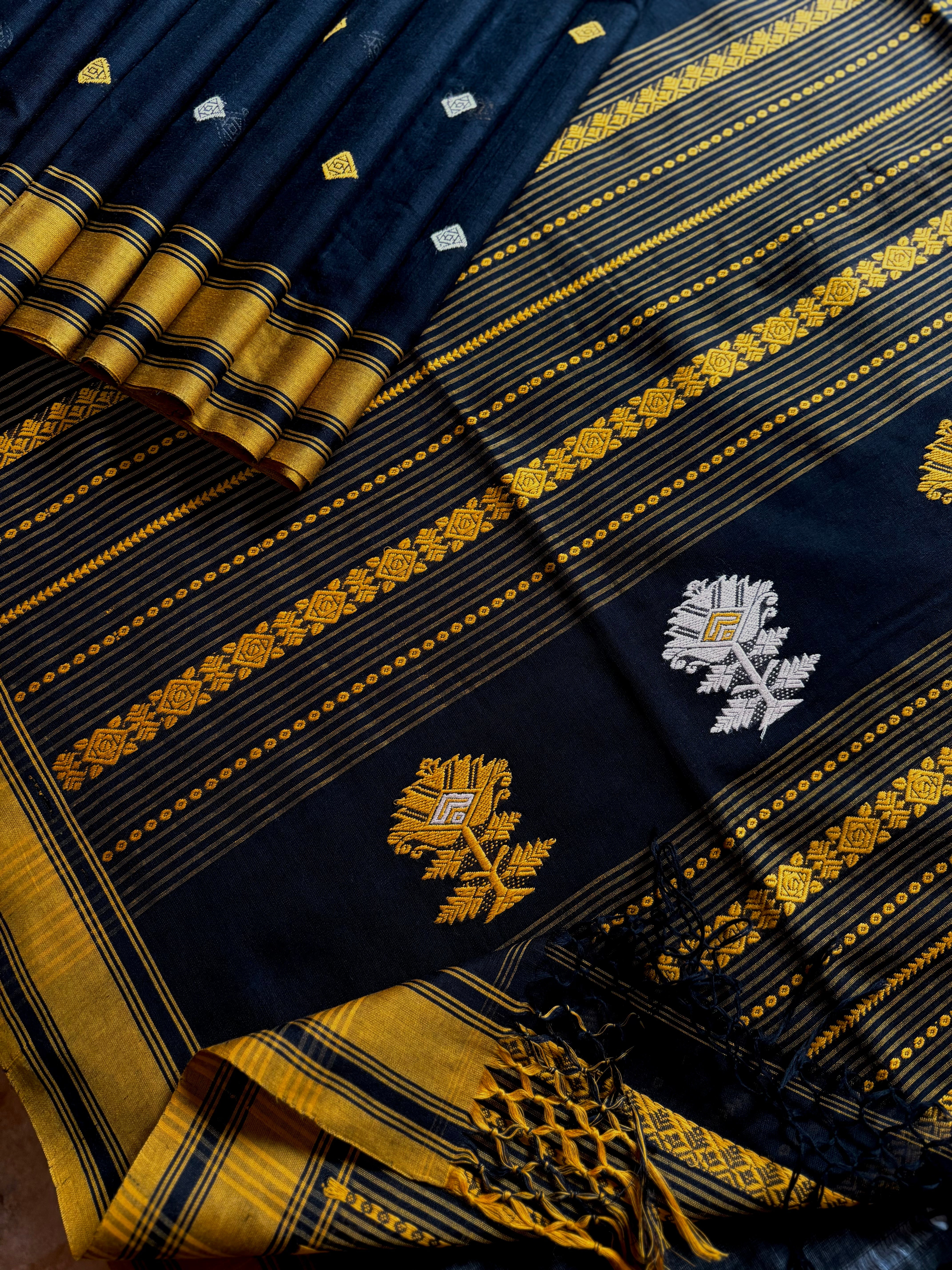 Handwoven Black Yellow Phulia Cotton Saree