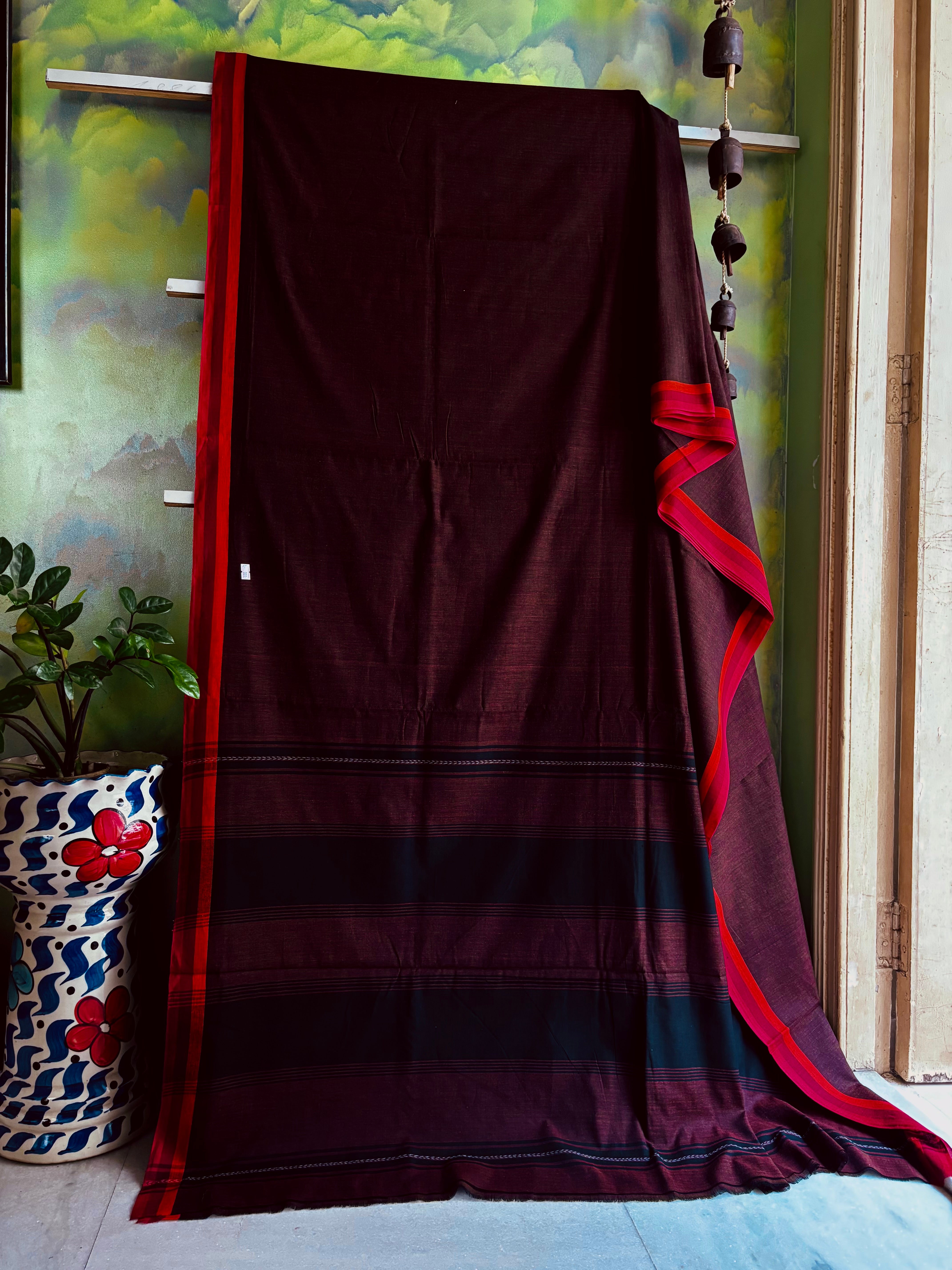 Handwoven Dark Brown Colour Dhonekhali Cotton Saree