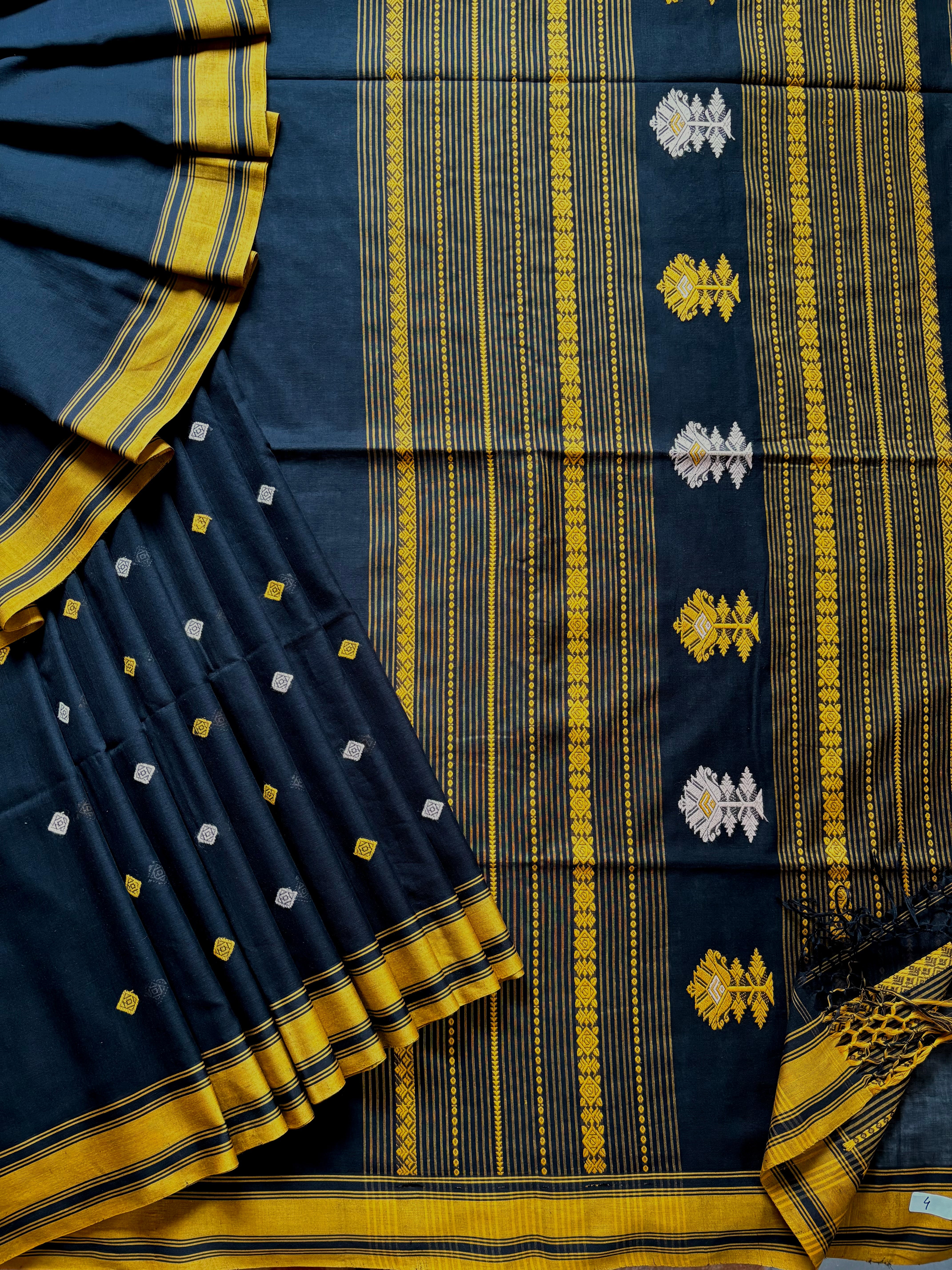 Handwoven Black Yellow Phulia Cotton Saree