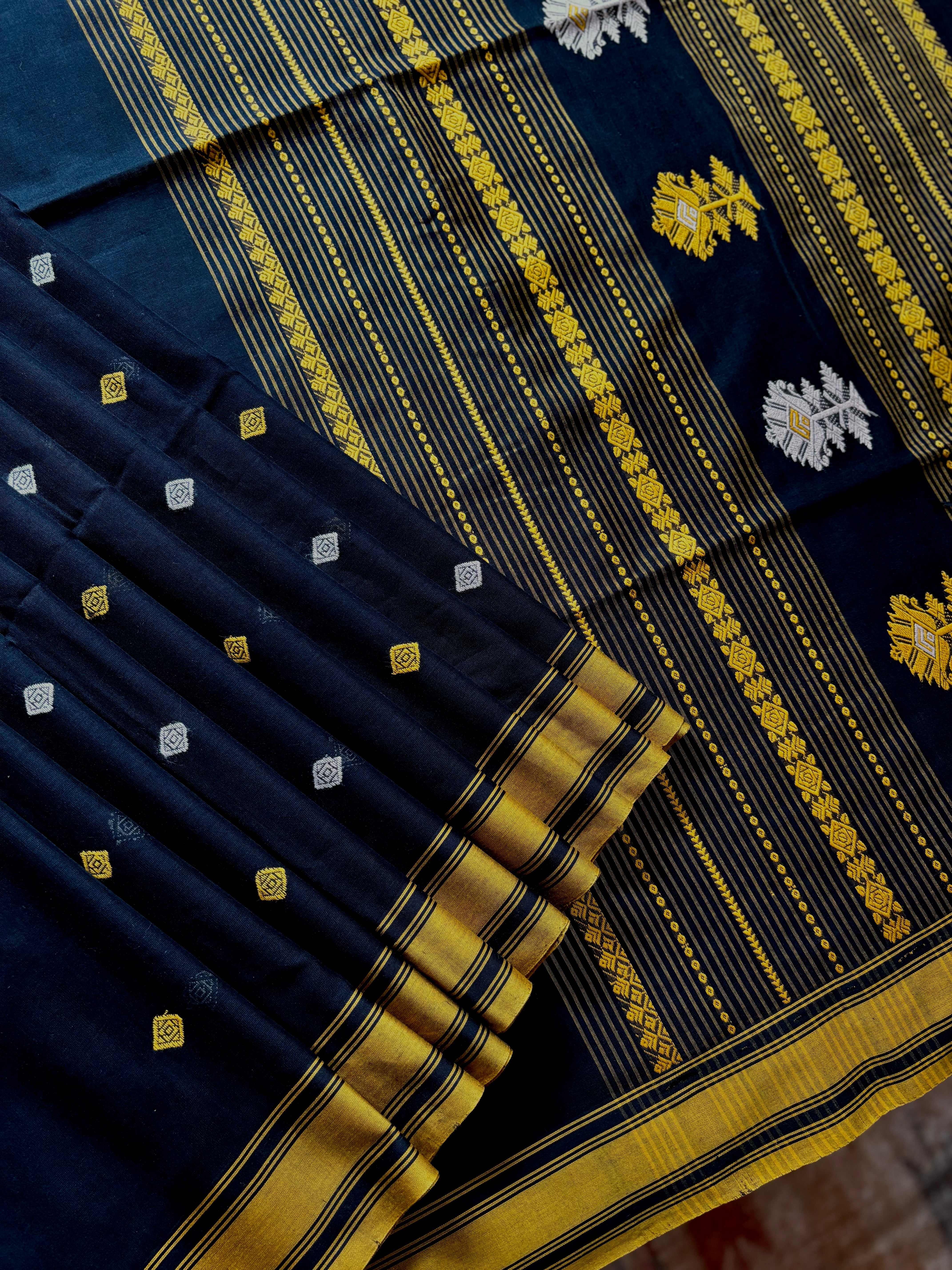 Handwoven Black Yellow Phulia Cotton Saree