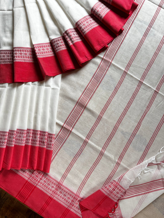 Handwoven White Red Phulia Cotton Saree