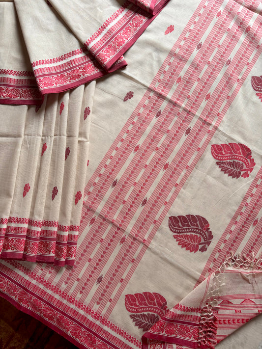 Handwoven Beige Red Phulia Cotton Saree