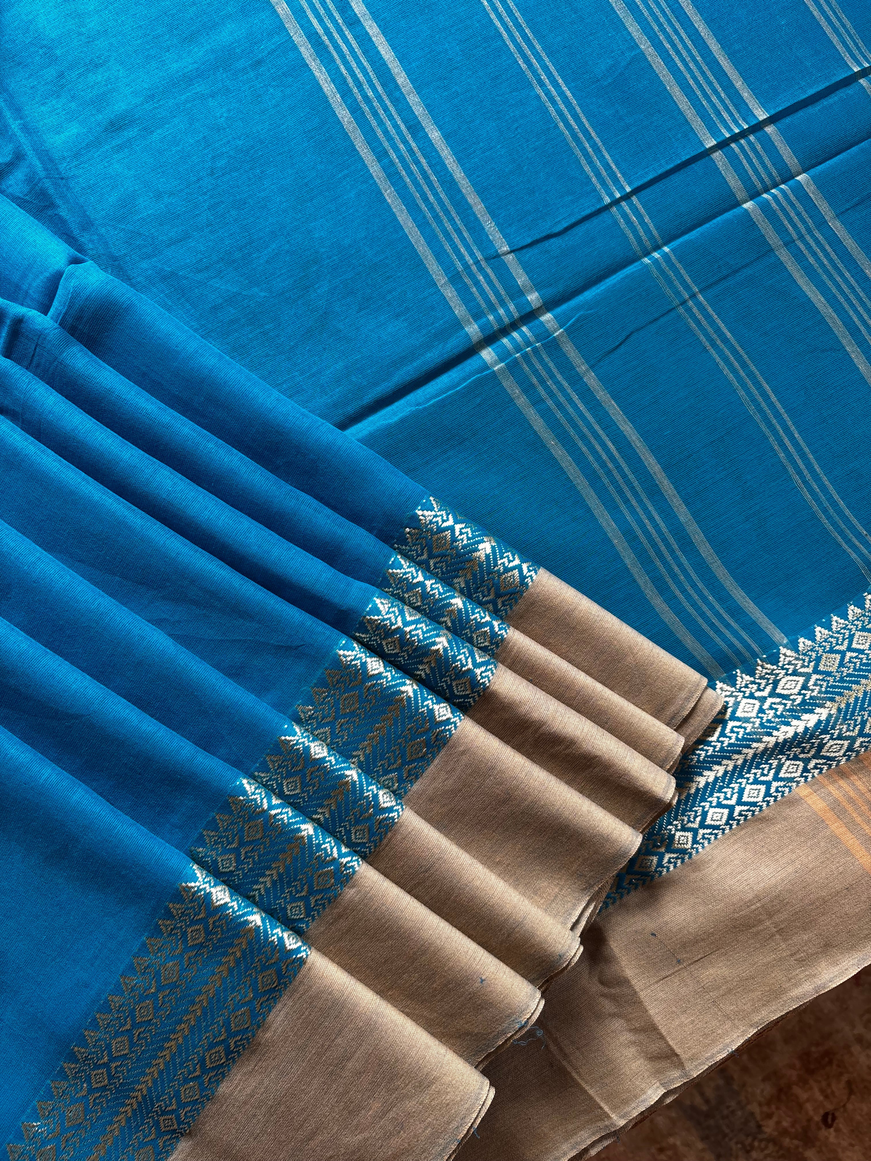 Handwoven Firozi Blue Phulia Cotton Saree