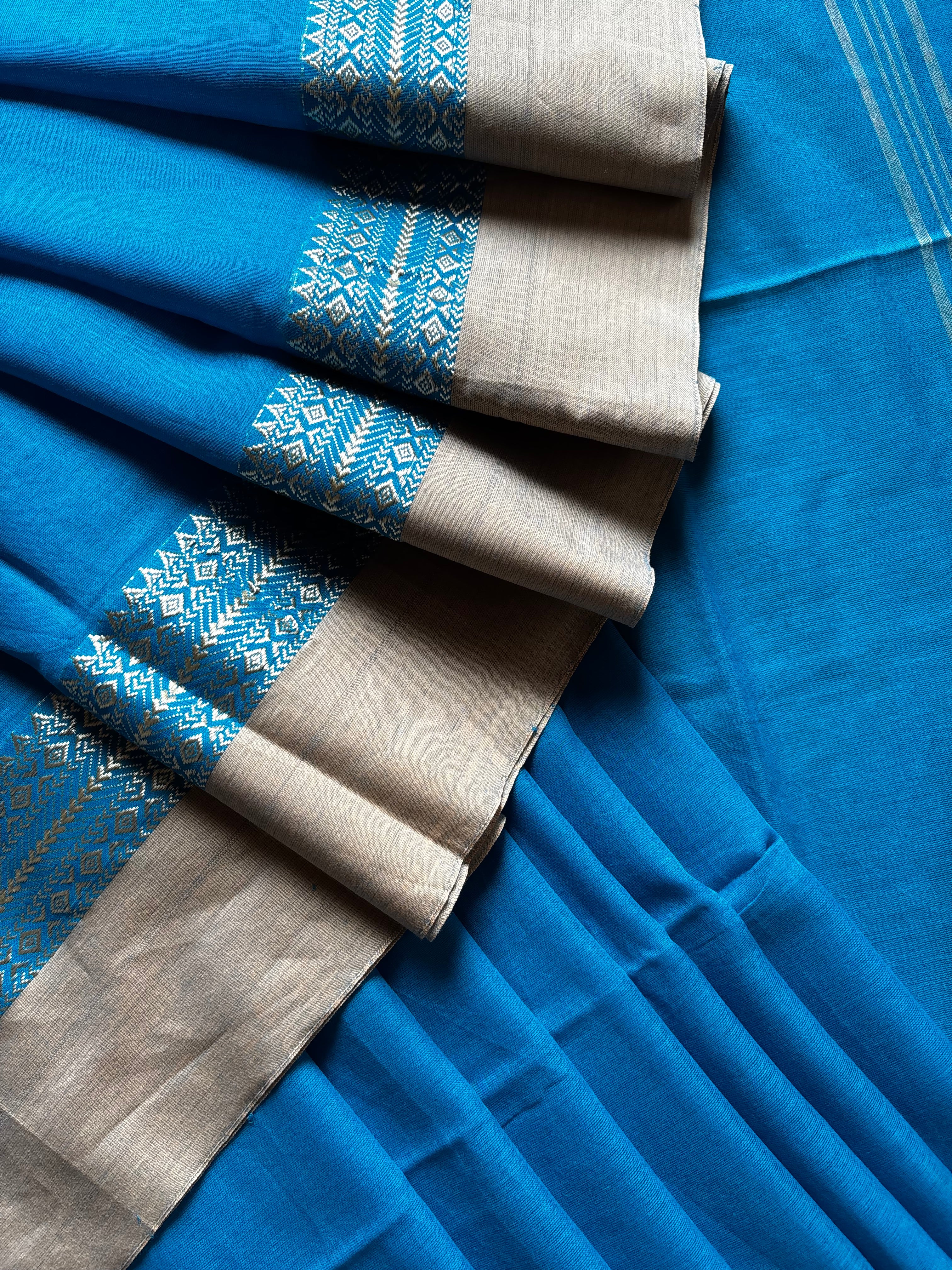 Handwoven Firozi Blue Phulia Cotton Saree