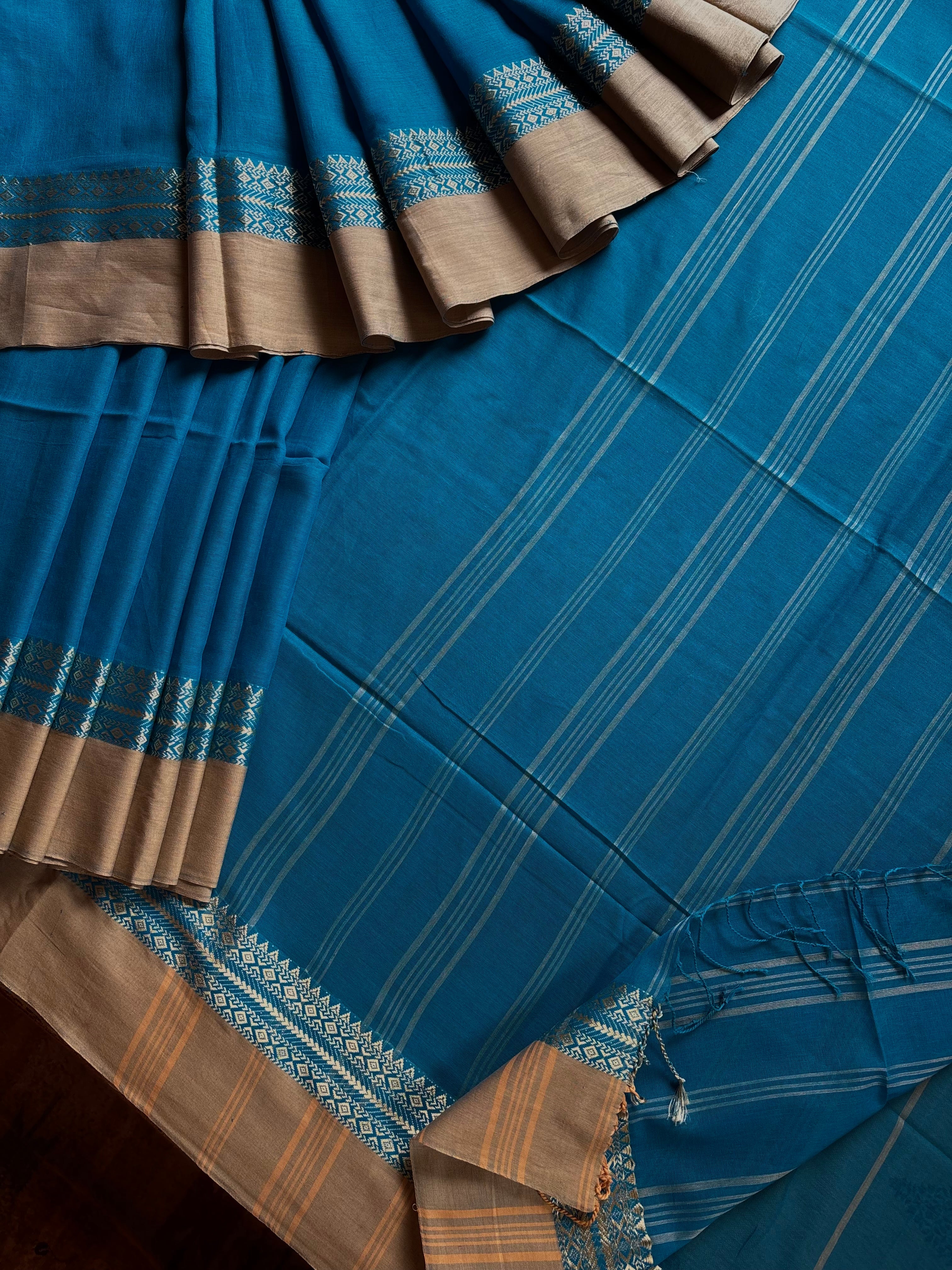 Handwoven Firozi Blue Phulia Cotton Saree