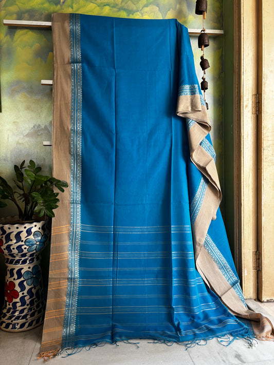 Handwoven Firozi Blue Phulia Cotton Saree