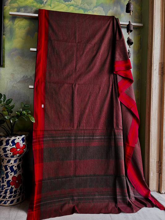 Handwoven Maroon Colour Dhonekhali Cotton Saree