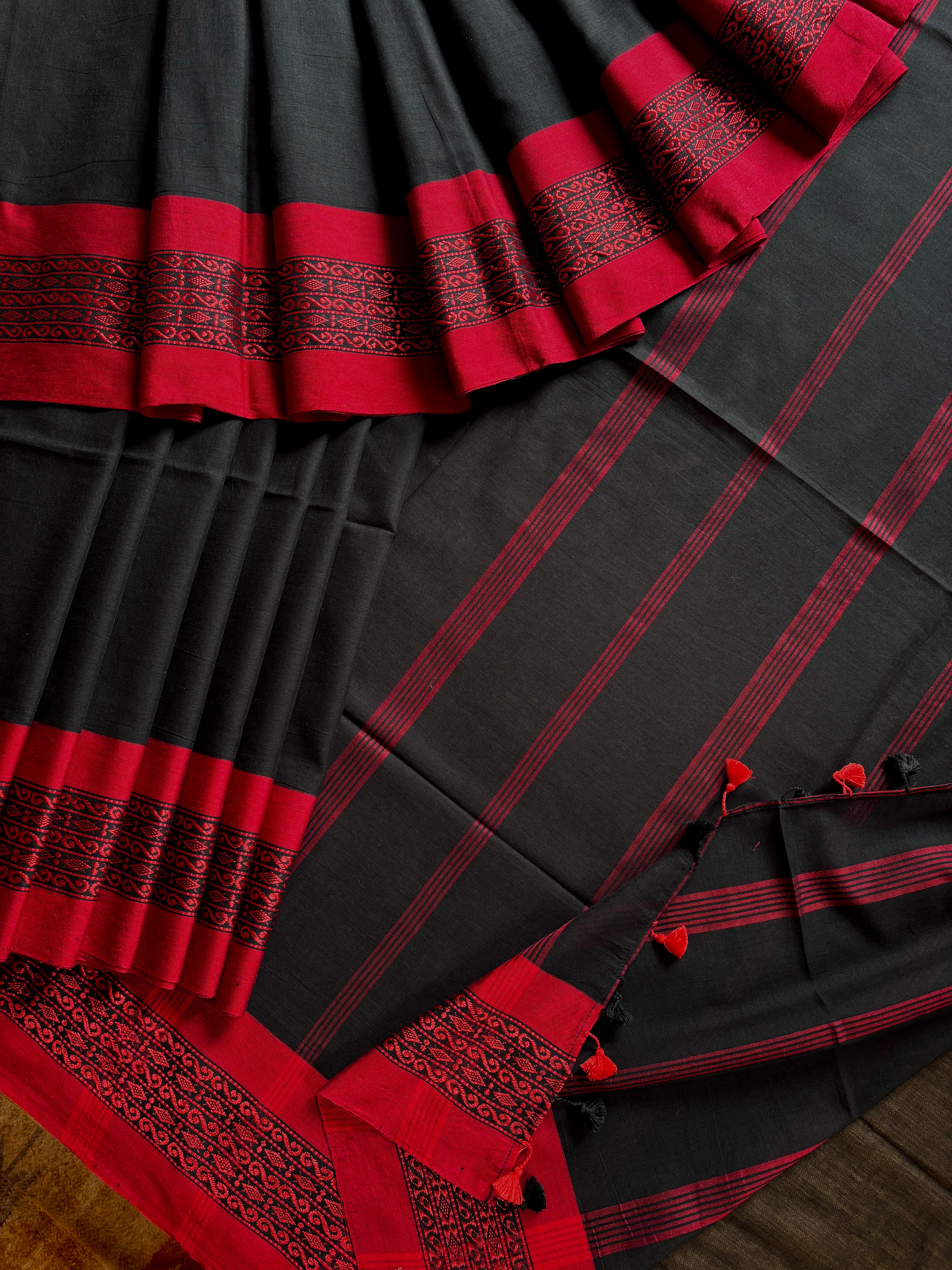 Handwoven Black Red Phulia Cotton Saree