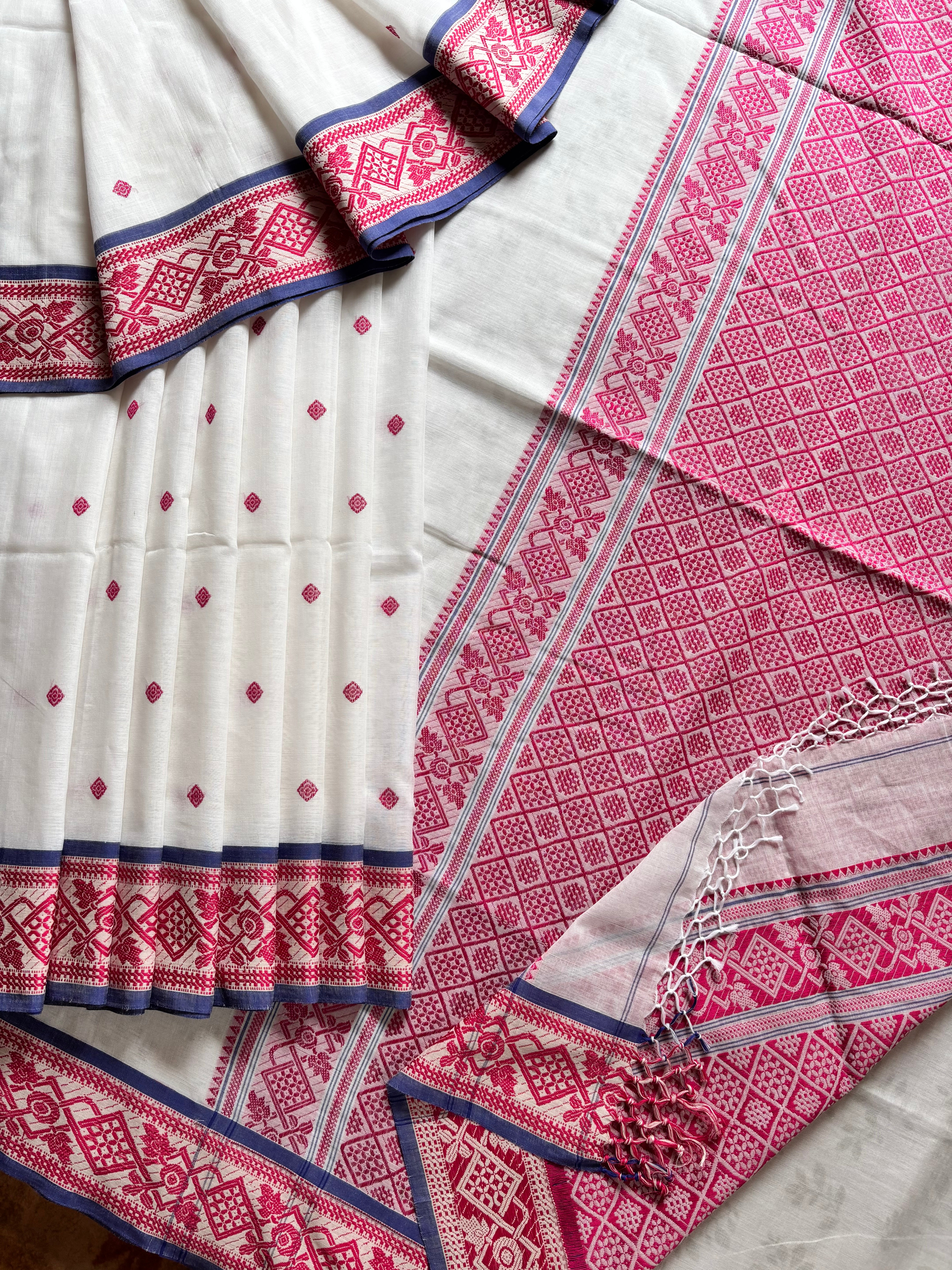 Handwoven White Pink Phulia Cotton Saree