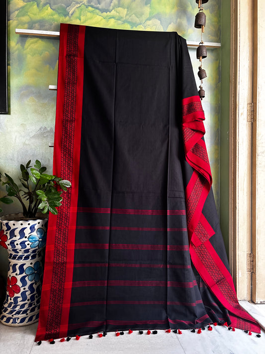 Handwoven Black Red Phulia Cotton Saree