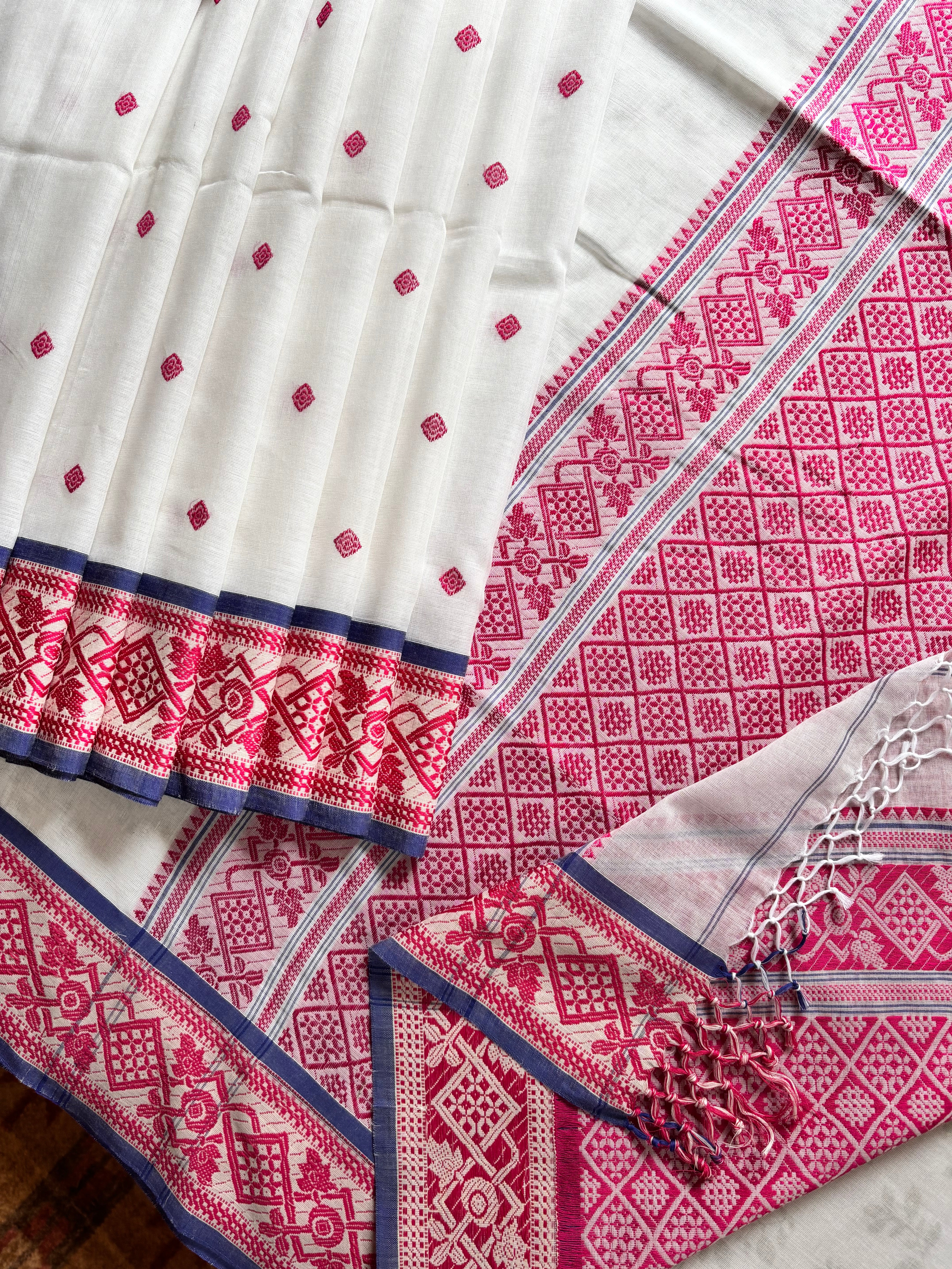 Handwoven White Pink Phulia Cotton Saree