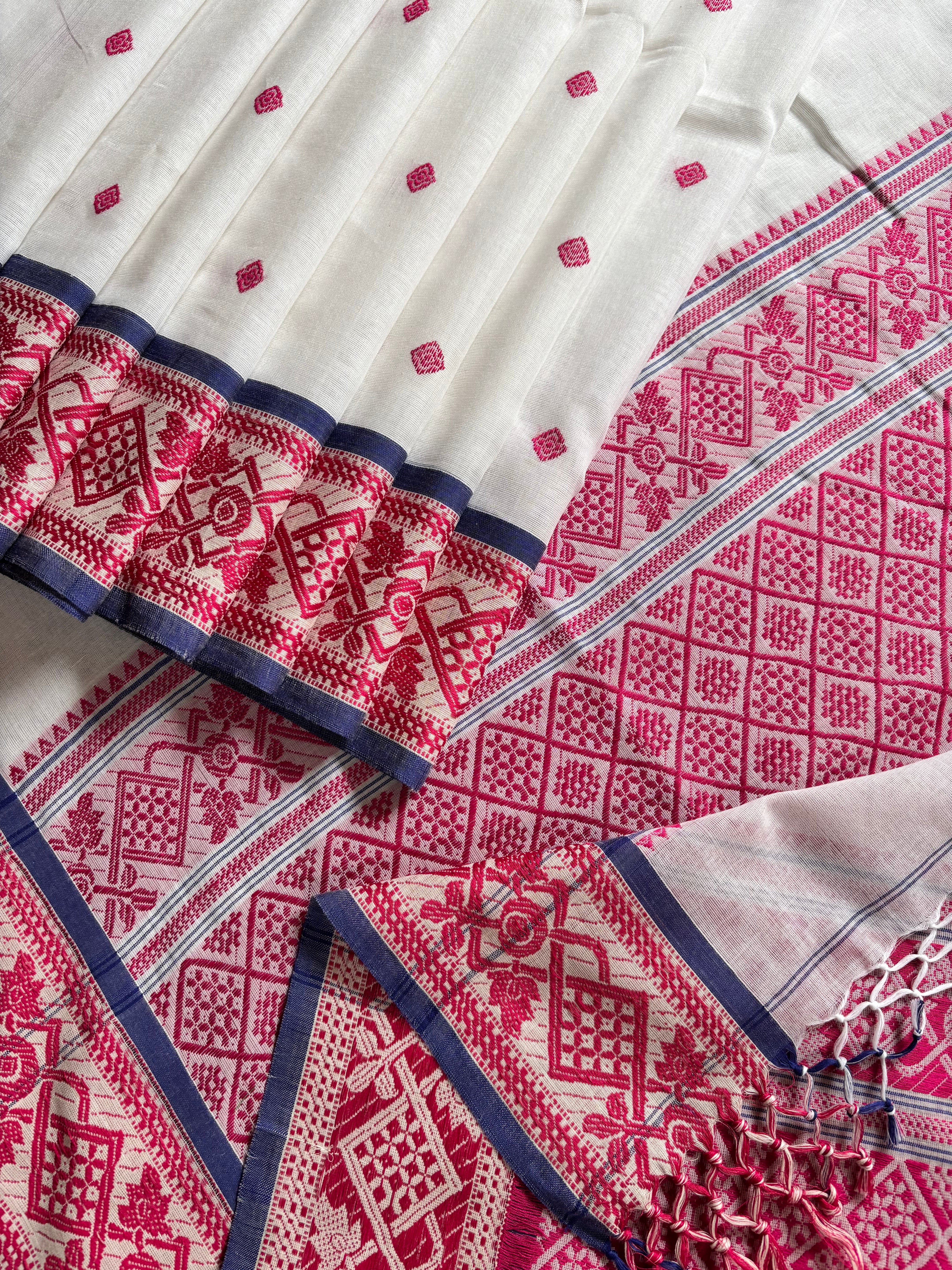 Handwoven White Pink Phulia Cotton Saree