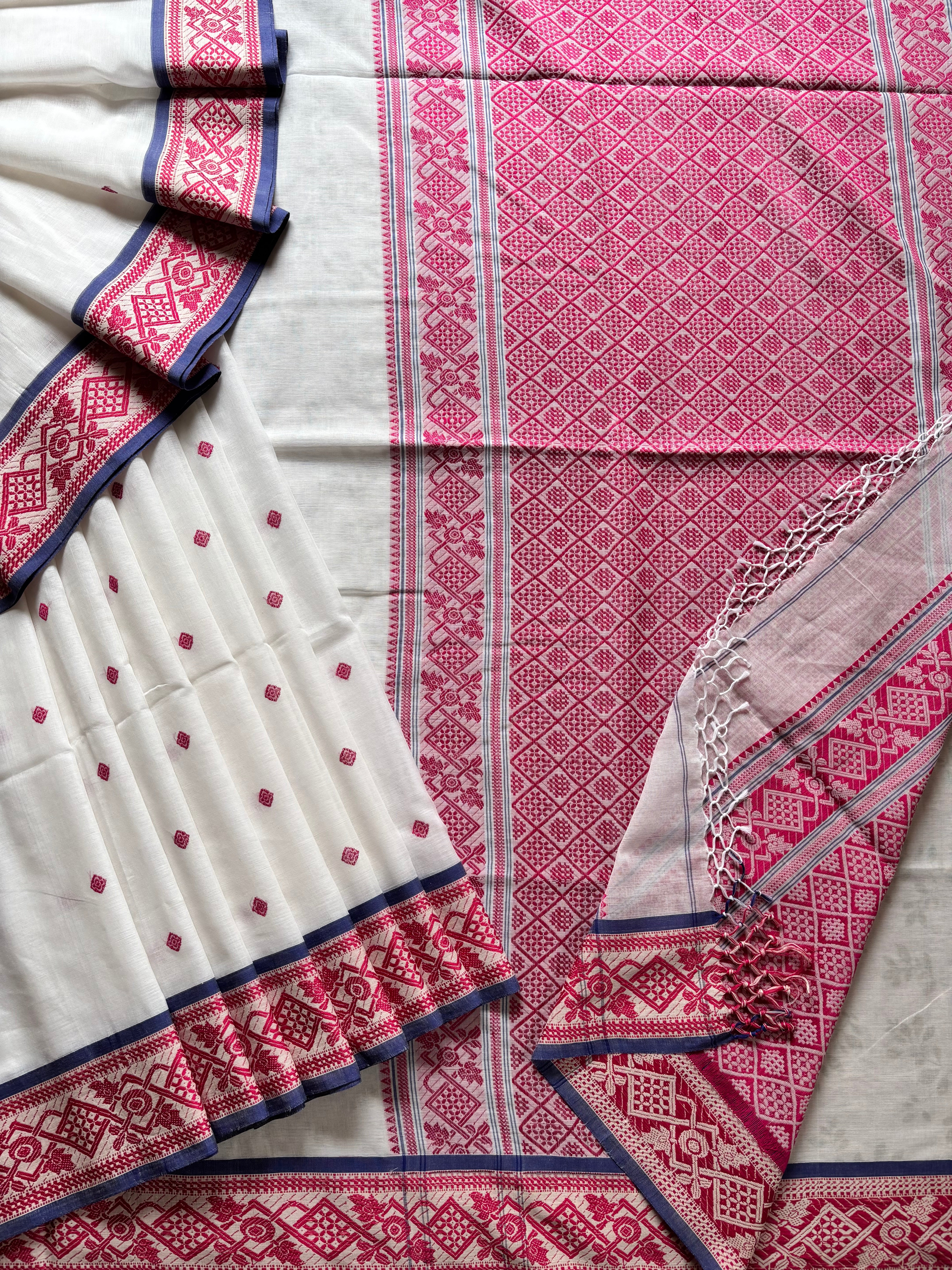 Handwoven White Pink Phulia Cotton Saree