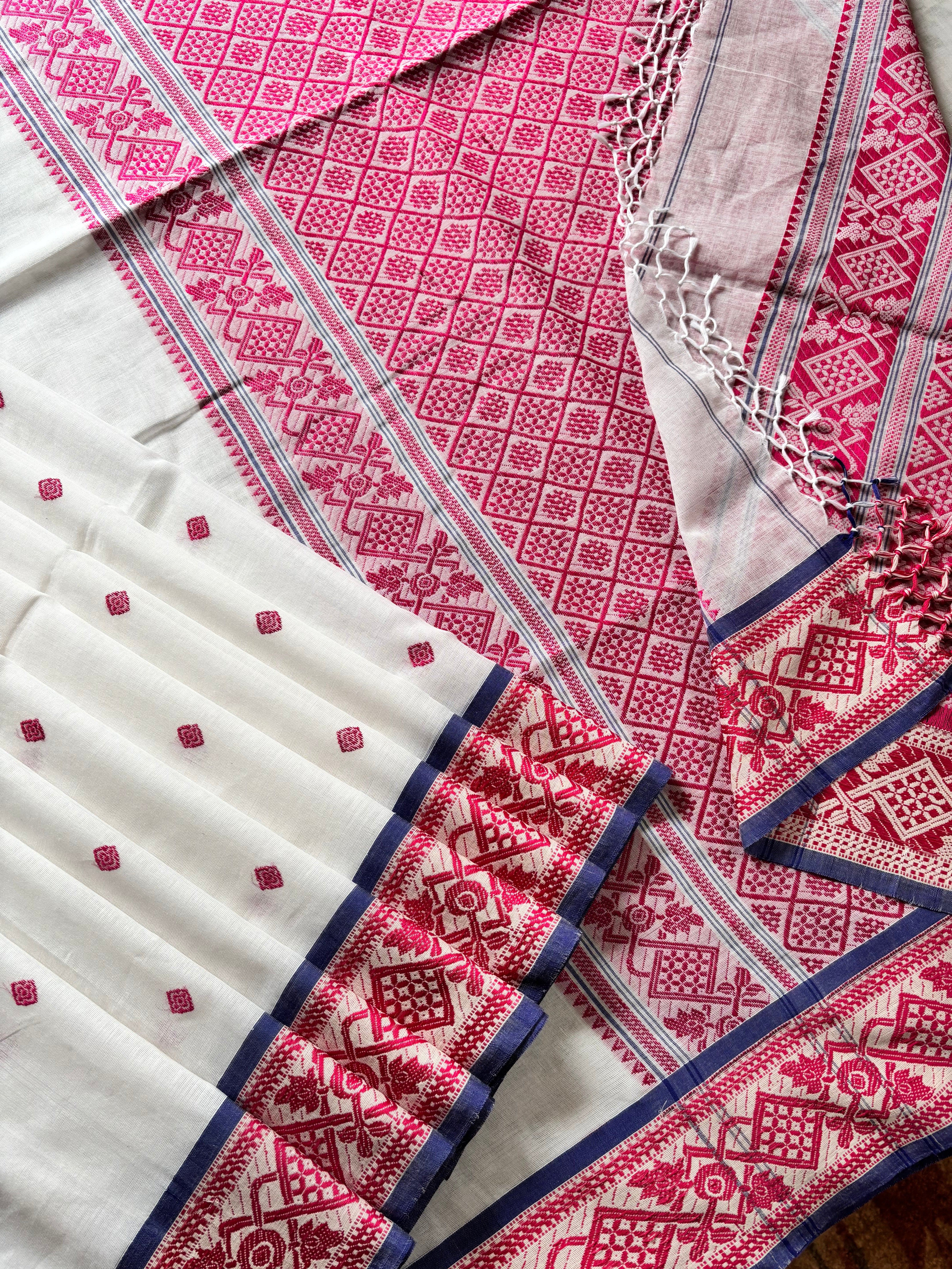 Handwoven White Pink Phulia Cotton Saree