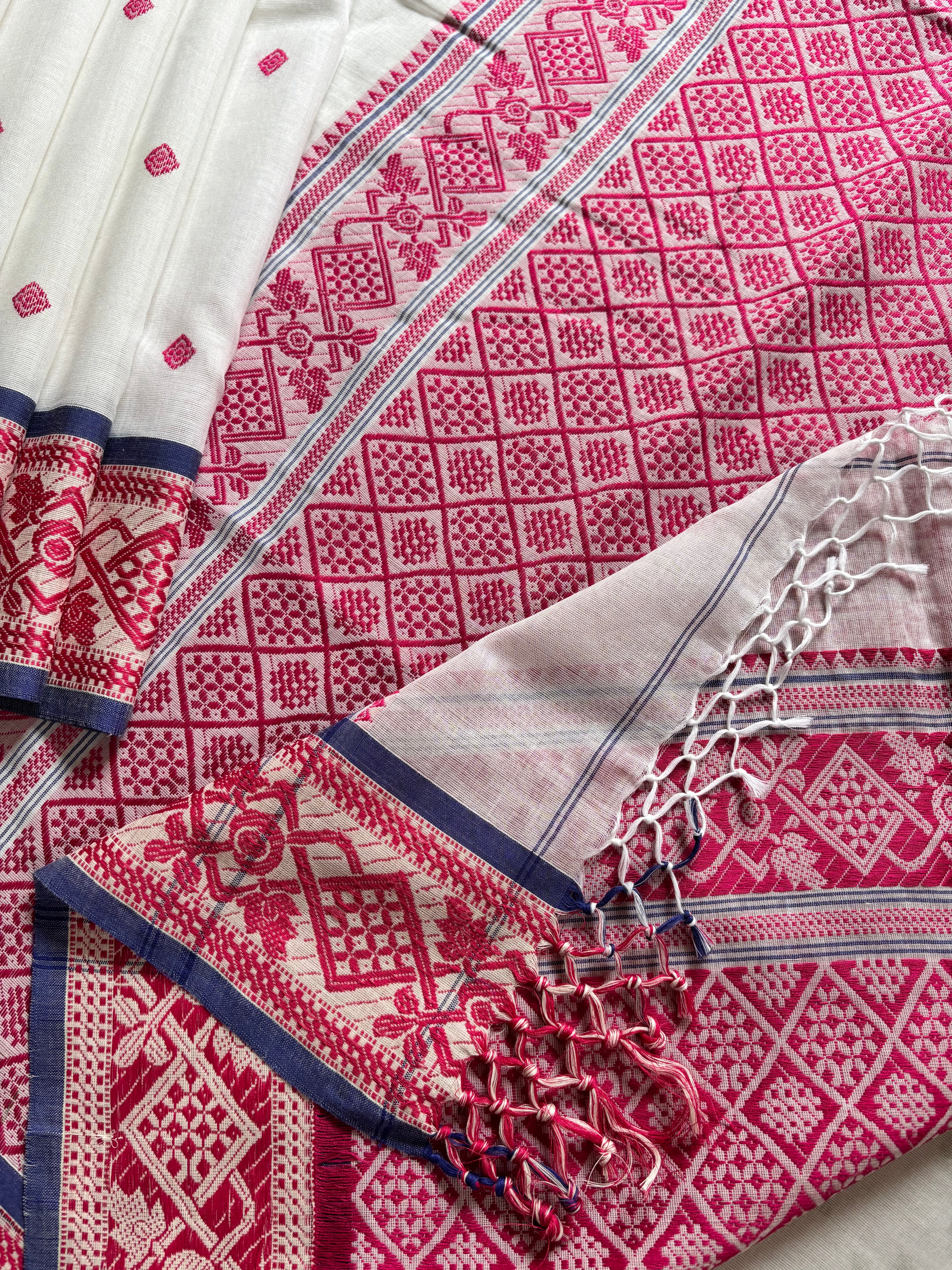 Handwoven White Pink Phulia Cotton Saree